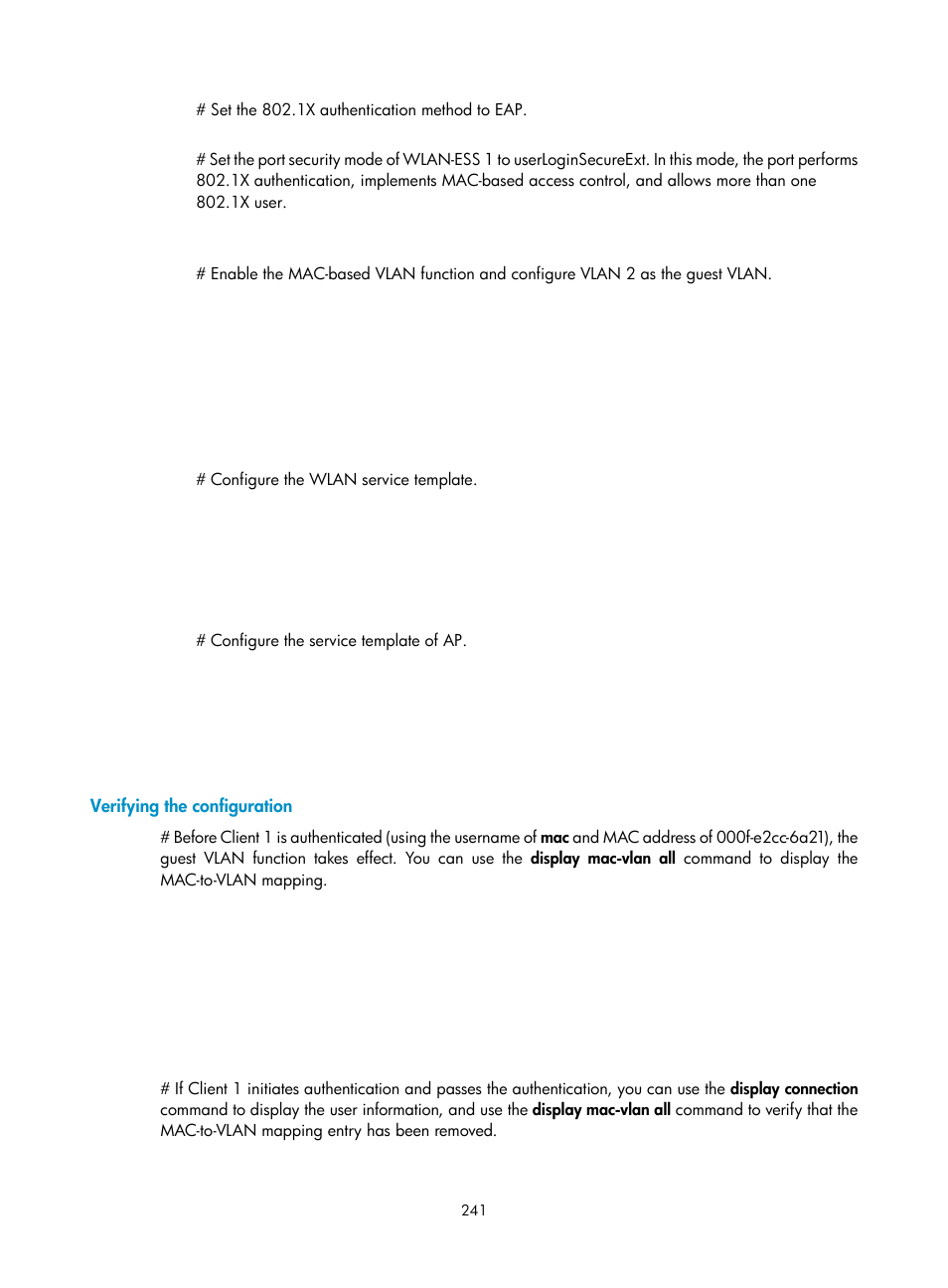 Verifying the configuration | H3C Technologies H3C WX3000E Series Wireless Switches User Manual | Page 255 / 394