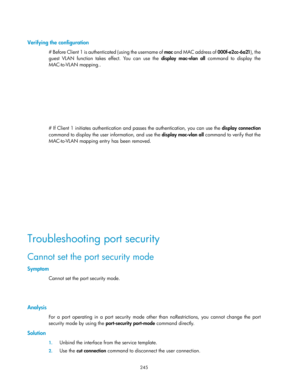 Verifying the configuration, Troubleshooting port security, Cannot set the port security mode | Symptom, Analysis, Solution | H3C Technologies H3C WX3000E Series Wireless Switches User Manual | Page 259 / 394