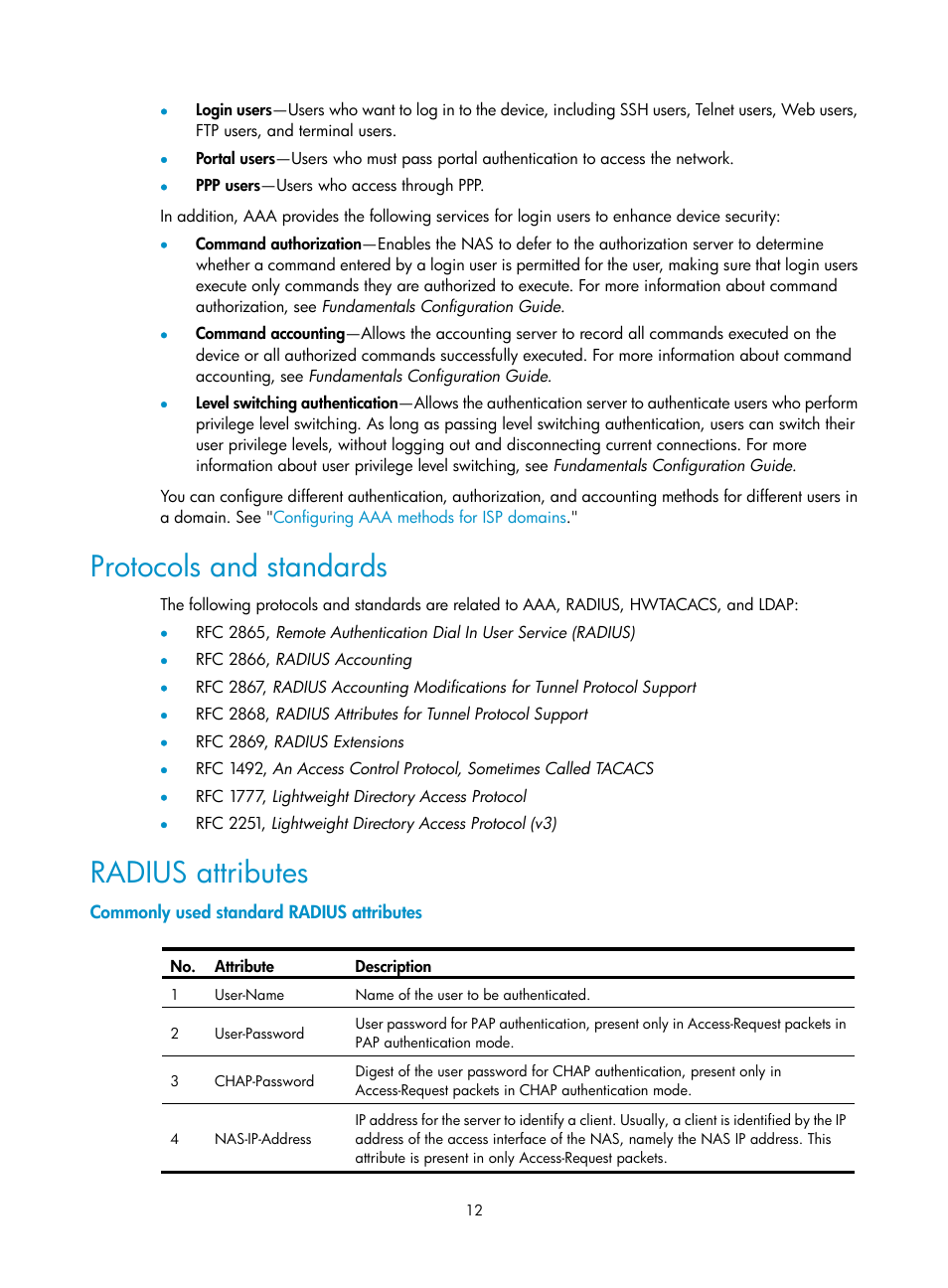 Protocols and standards, Radius attributes, Commonly used standard radius attributes | H3C Technologies H3C WX3000E Series Wireless Switches User Manual | Page 26 / 394