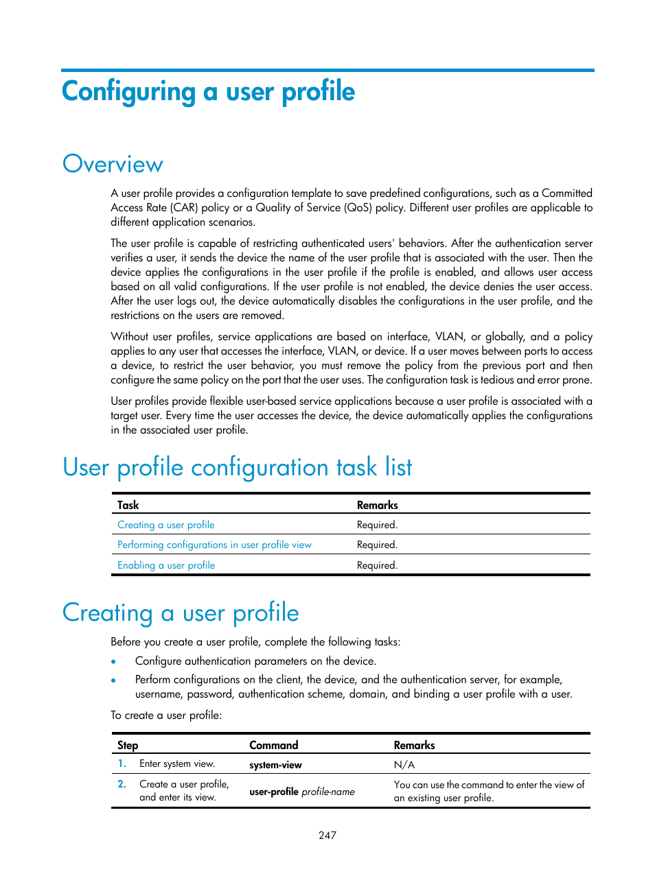 Configuring a user profile, Overview, User profile configuration task list | Creating a user profile | H3C Technologies H3C WX3000E Series Wireless Switches User Manual | Page 261 / 394