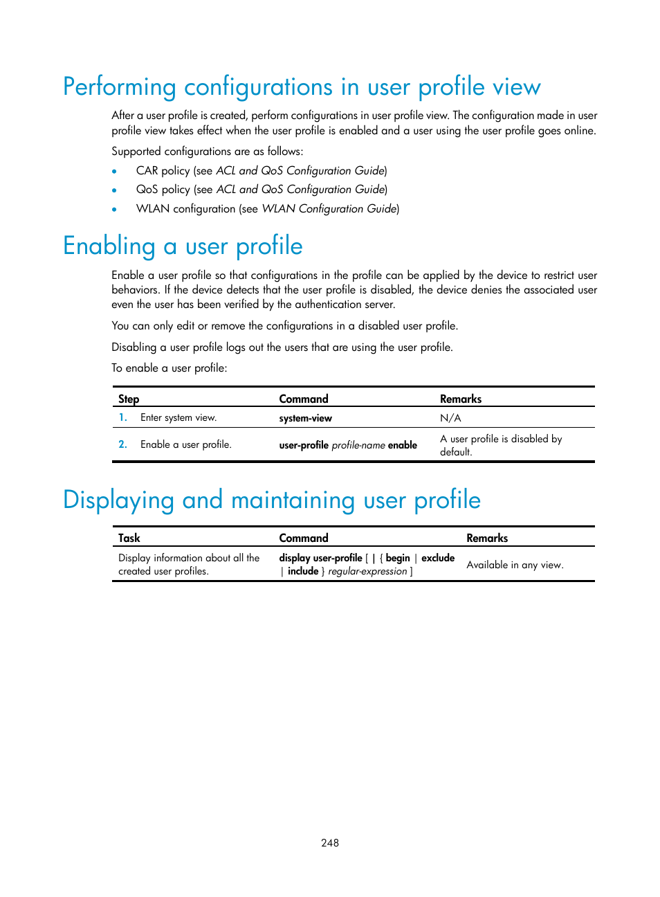 Performing configurations in user profile view, Enabling a user profile, Displaying and maintaining user profile | H3C Technologies H3C WX3000E Series Wireless Switches User Manual | Page 262 / 394