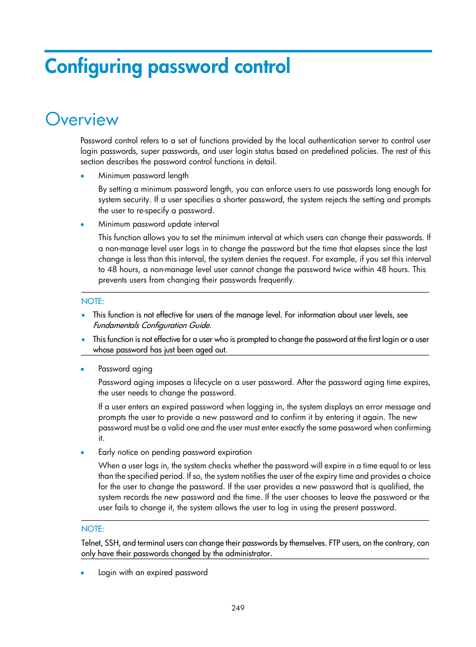 Configuring password control, Overview | H3C Technologies H3C WX3000E Series Wireless Switches User Manual | Page 263 / 394