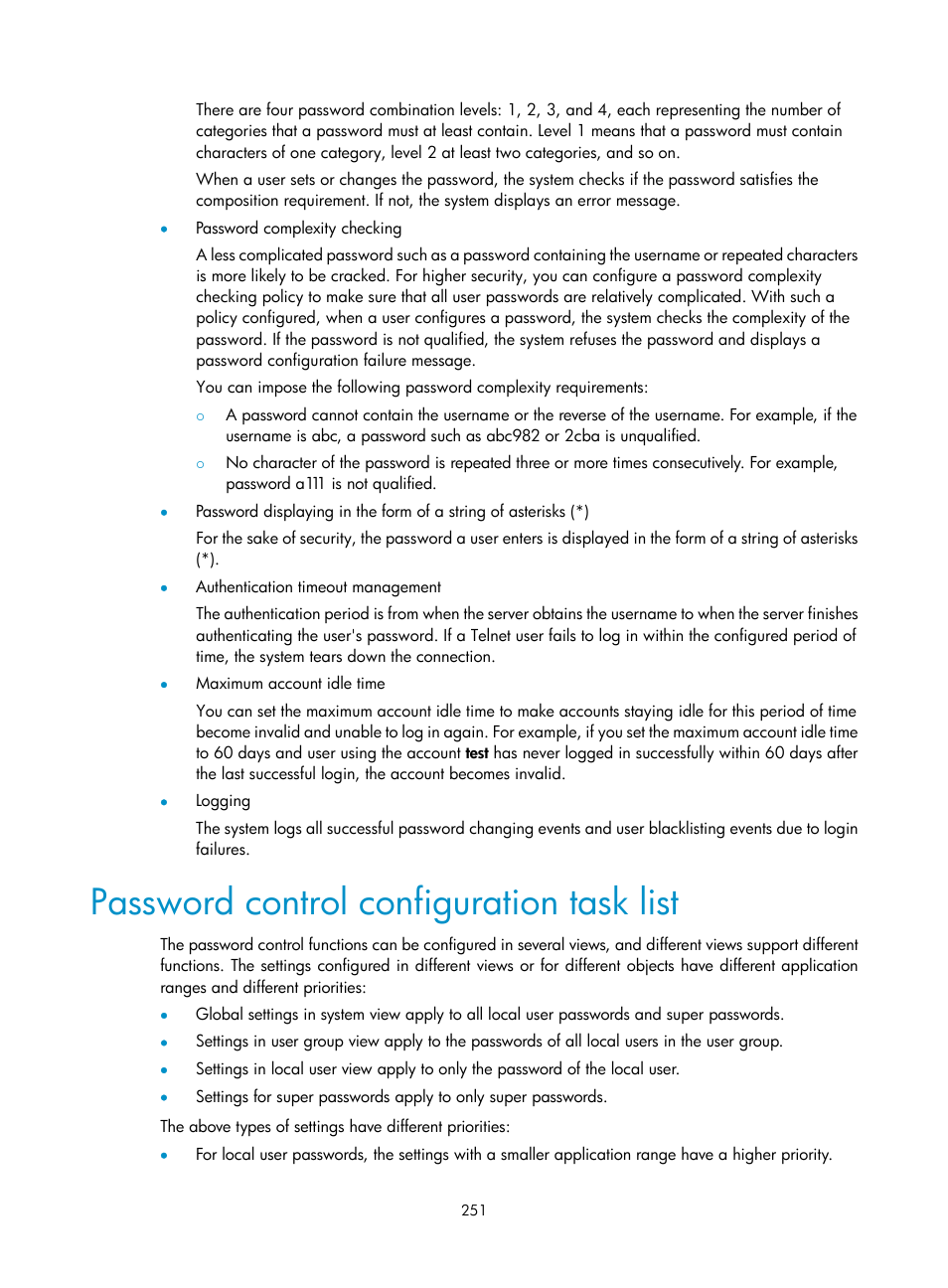 Password control configuration task list | H3C Technologies H3C WX3000E Series Wireless Switches User Manual | Page 265 / 394