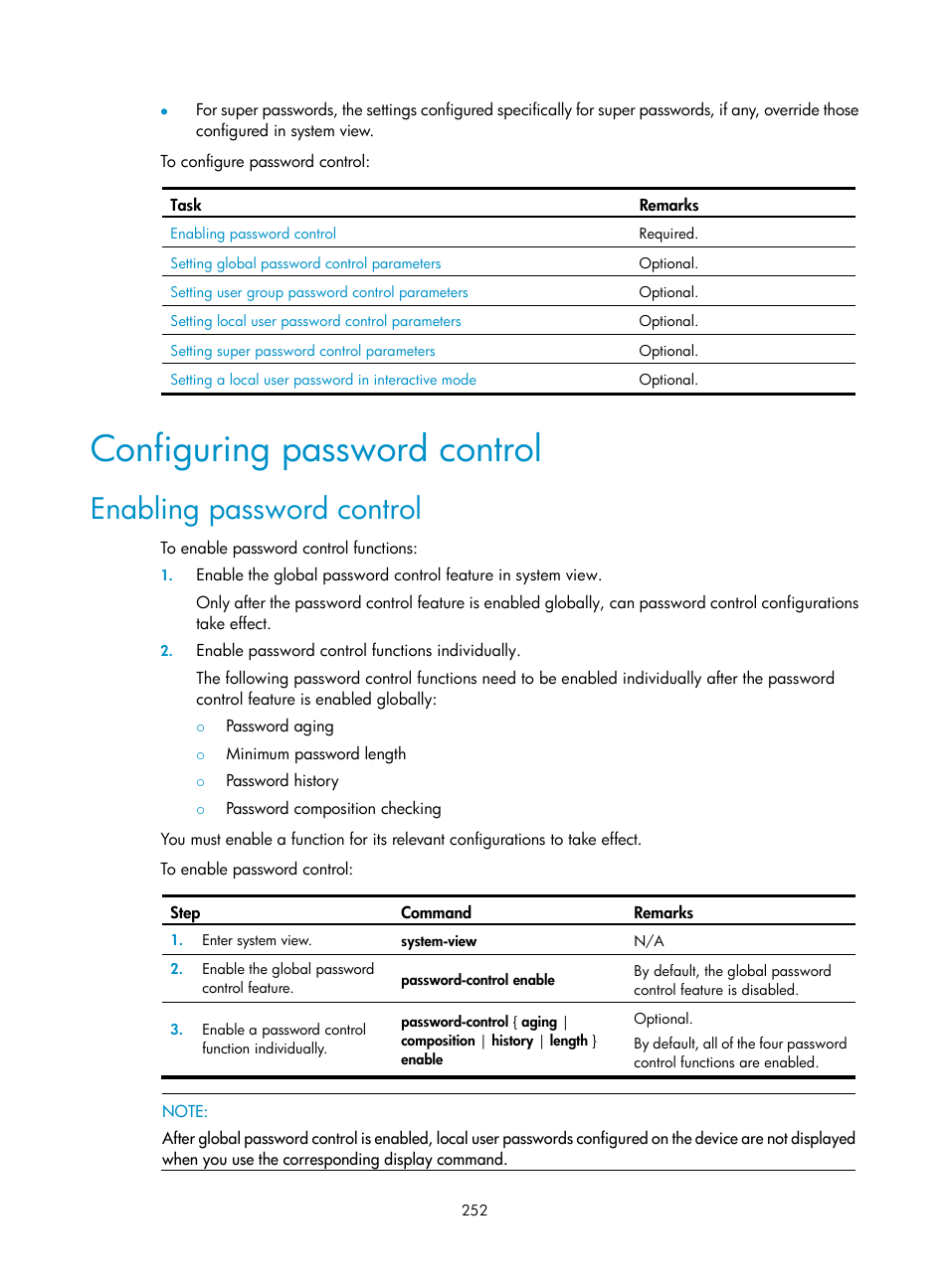 Configuring password control, Enabling password control | H3C Technologies H3C WX3000E Series Wireless Switches User Manual | Page 266 / 394
