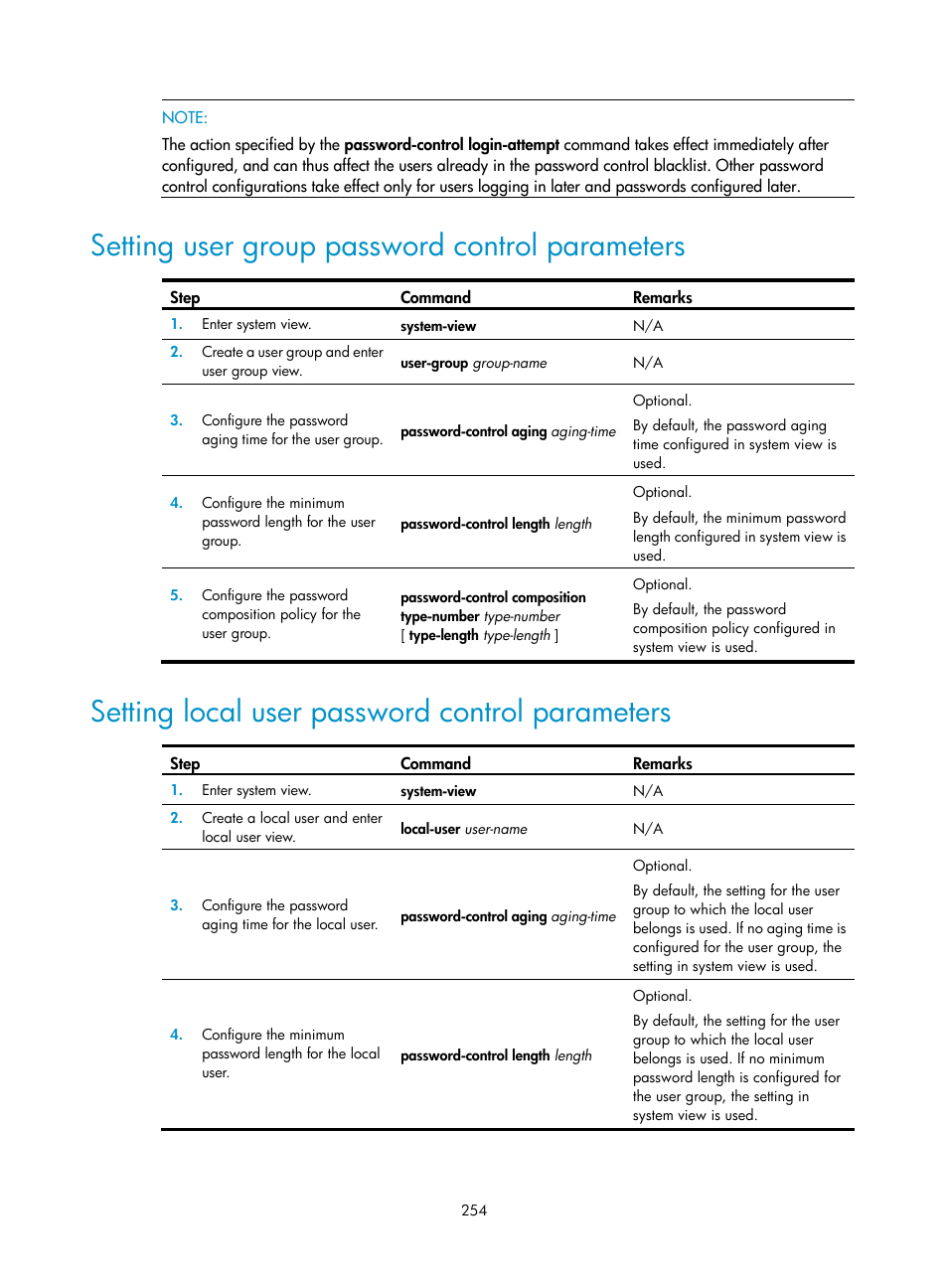 Setting user group password control parameters, Setting local user password control parameters | H3C Technologies H3C WX3000E Series Wireless Switches User Manual | Page 268 / 394