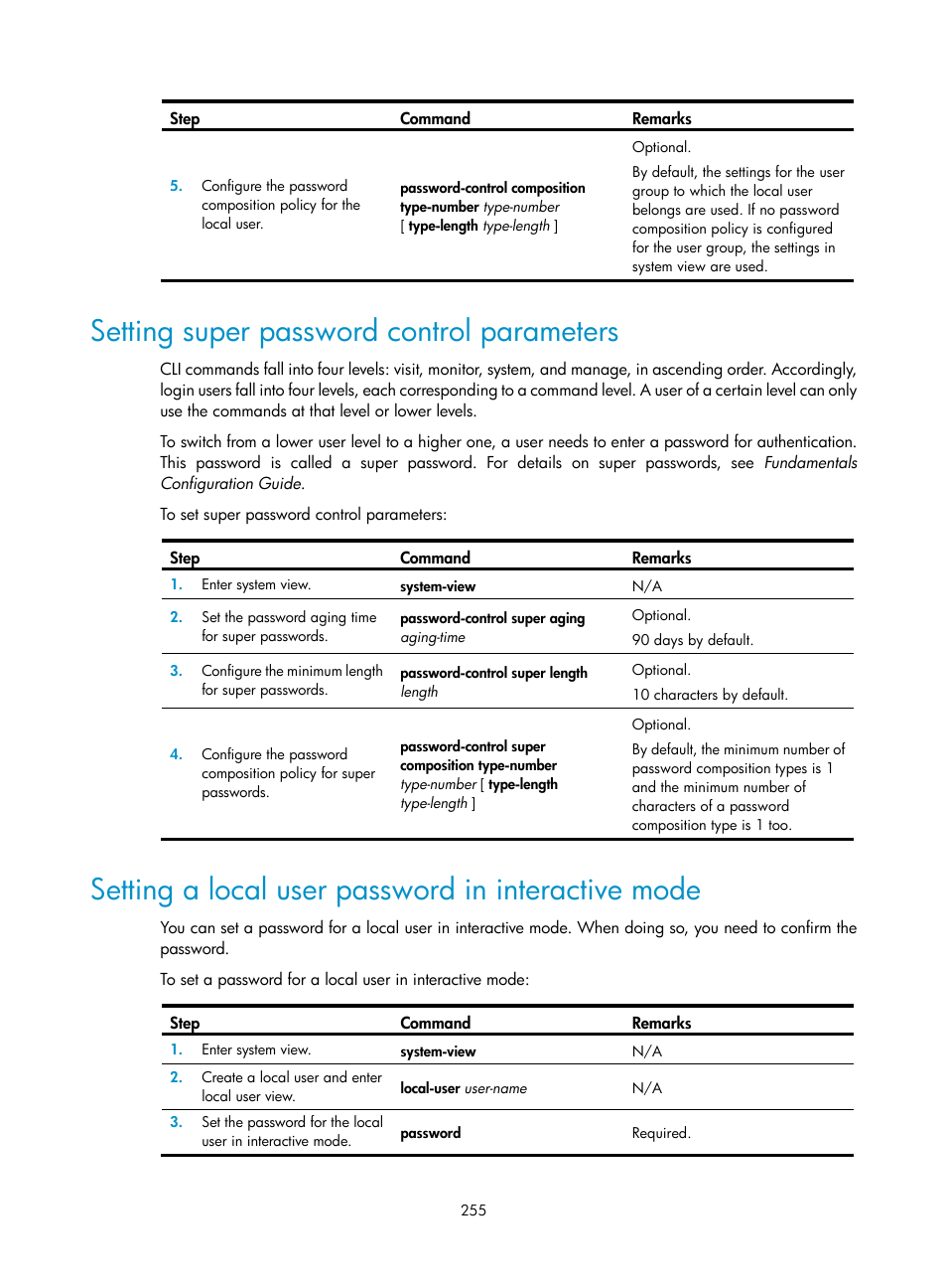 Setting super password control parameters, Setting a local user password in interactive mode | H3C Technologies H3C WX3000E Series Wireless Switches User Manual | Page 269 / 394