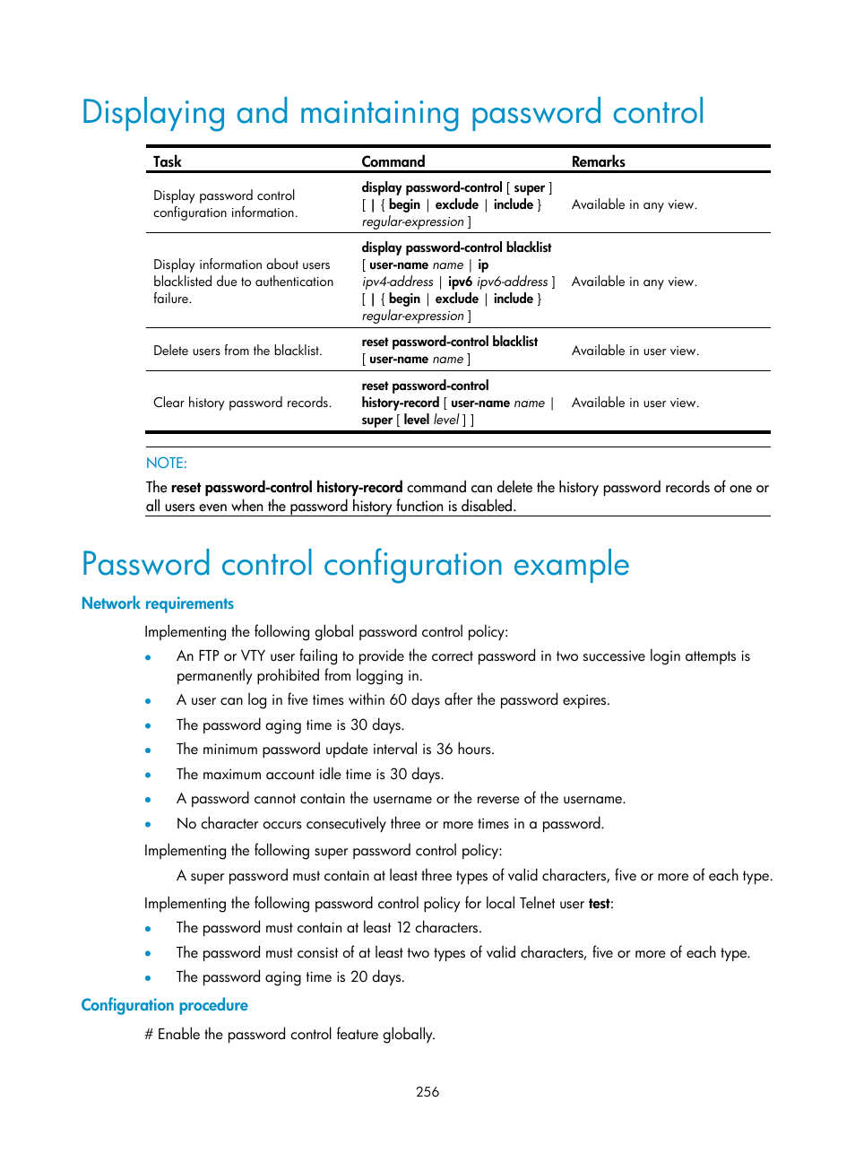 Displaying and maintaining password control, Password control configuration example, Network requirements | Configuration procedure | H3C Technologies H3C WX3000E Series Wireless Switches User Manual | Page 270 / 394