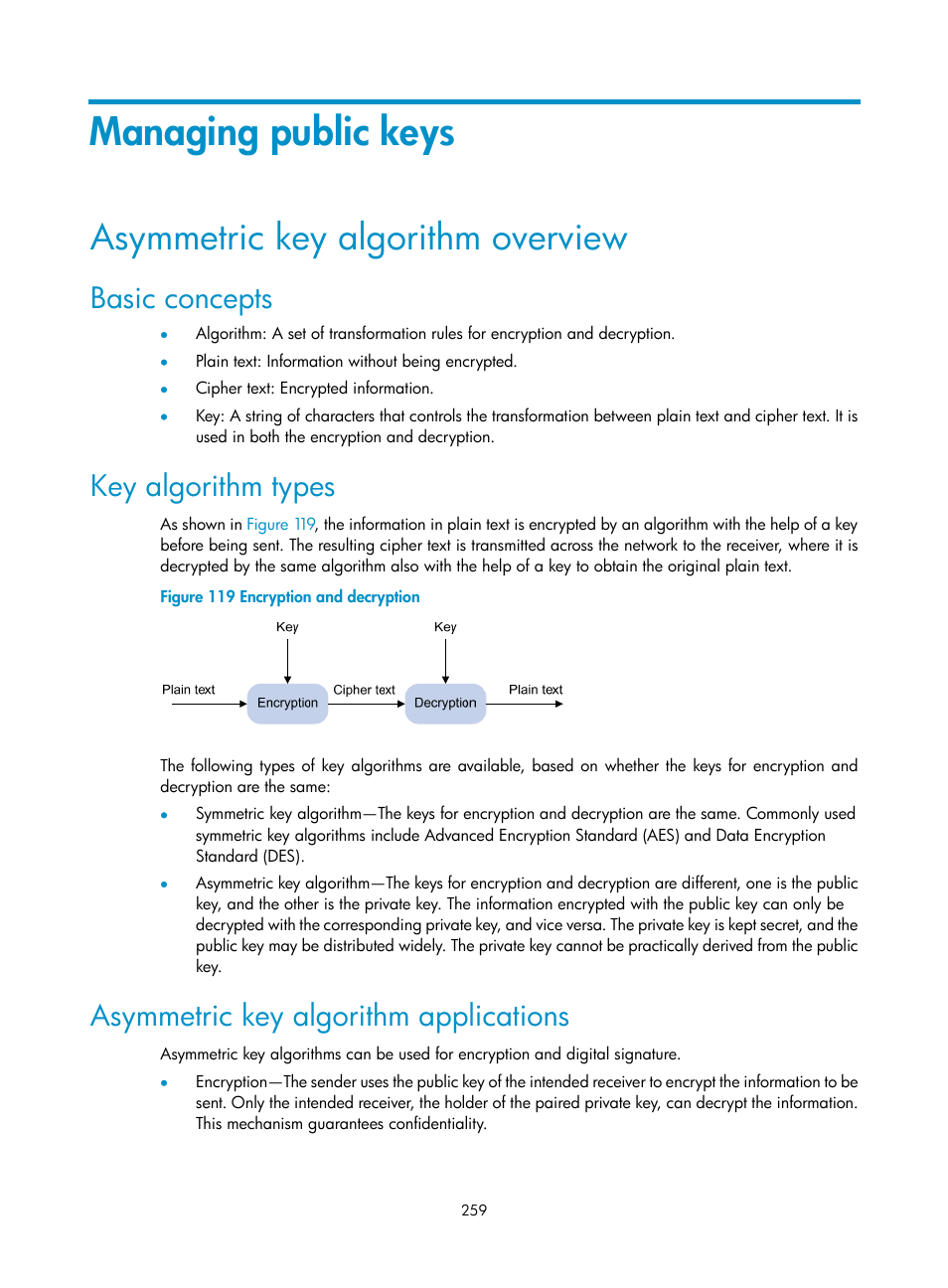 Managing public keys, Asymmetric key algorithm overview, Basic concepts | Key algorithm types, Asymmetric key algorithm applications | H3C Technologies H3C WX3000E Series Wireless Switches User Manual | Page 273 / 394