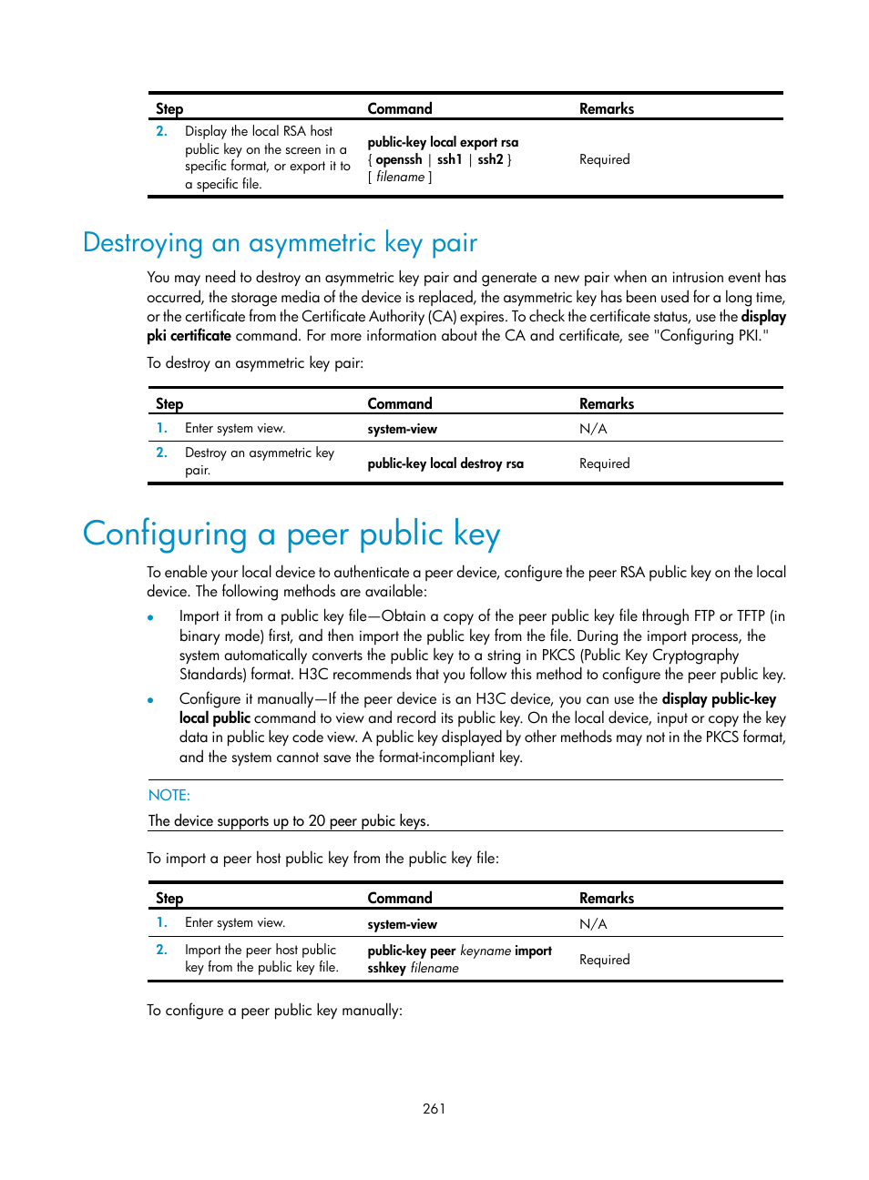 Destroying an asymmetric key pair, Configuring a peer public key | H3C Technologies H3C WX3000E Series Wireless Switches User Manual | Page 275 / 394
