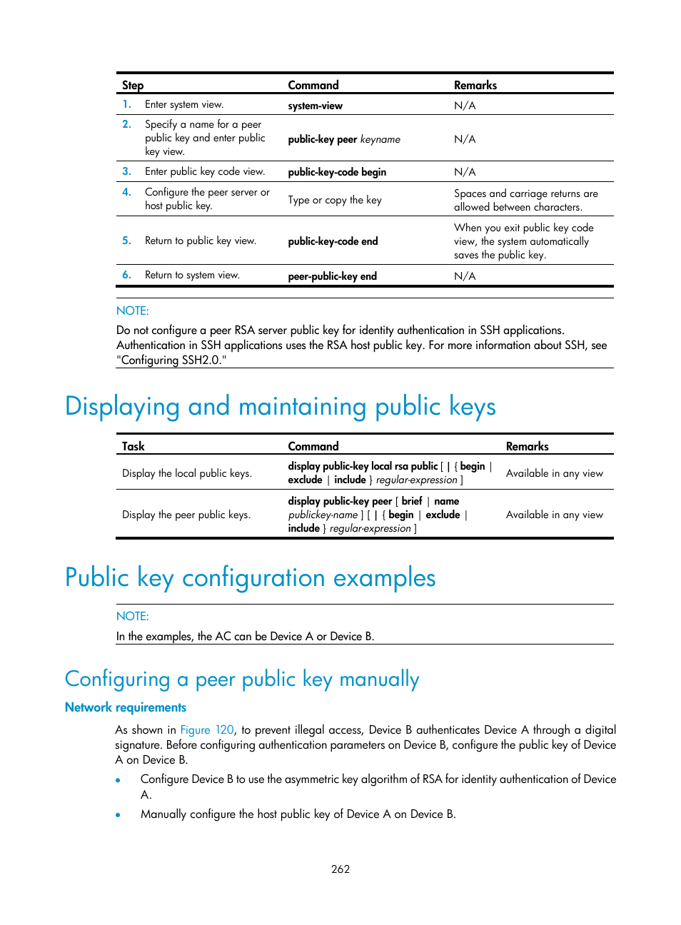 Displaying and maintaining public keys, Public key configuration examples, Configuring a peer public key manually | Network requirements | H3C Technologies H3C WX3000E Series Wireless Switches User Manual | Page 276 / 394