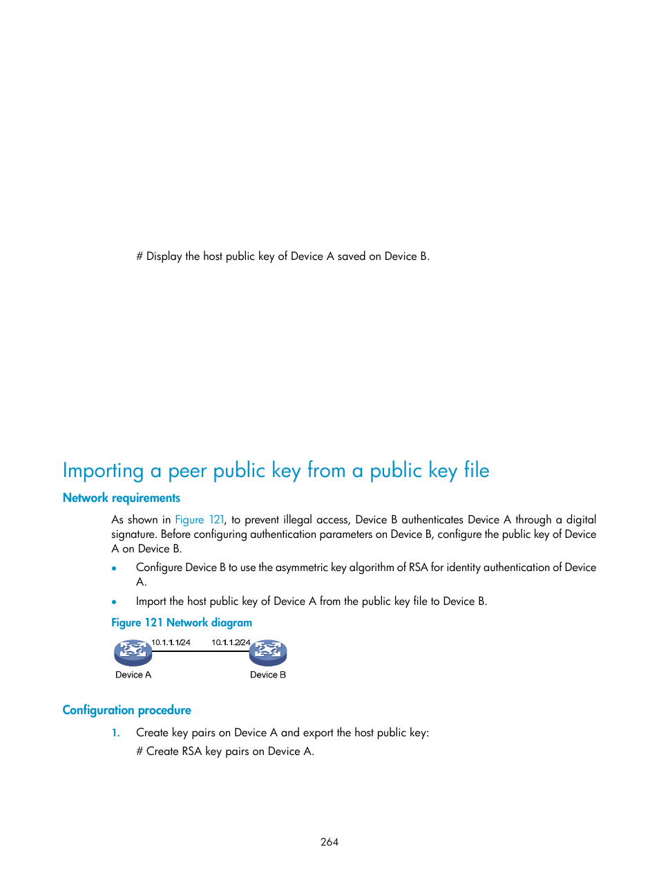 Importing a peer public key from a public key file, Network requirements, Configuration procedure | H3C Technologies H3C WX3000E Series Wireless Switches User Manual | Page 278 / 394