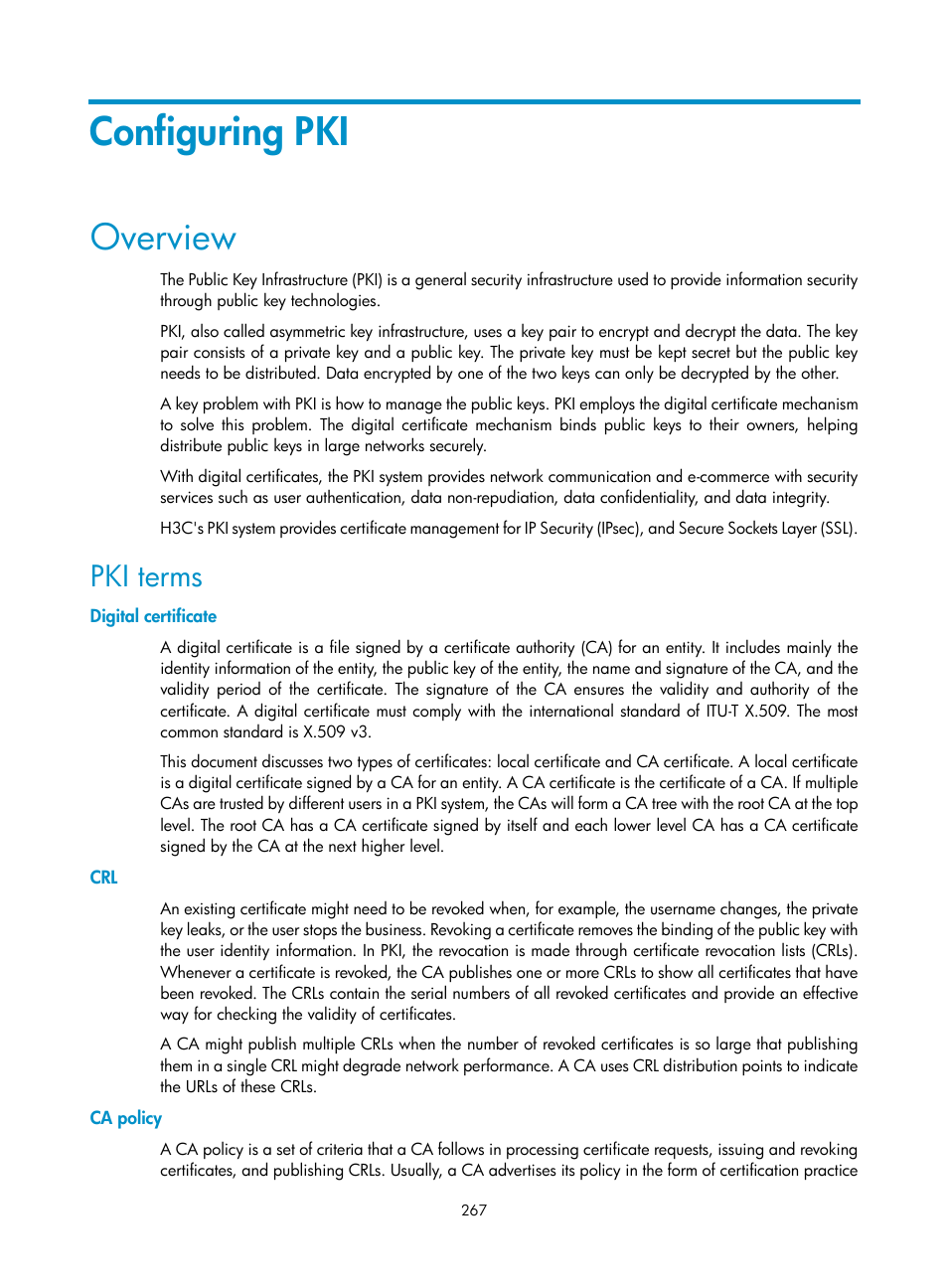 Configuring pki, Overview, Pki terms | Digital certificate, Ca policy | H3C Technologies H3C WX3000E Series Wireless Switches User Manual | Page 281 / 394