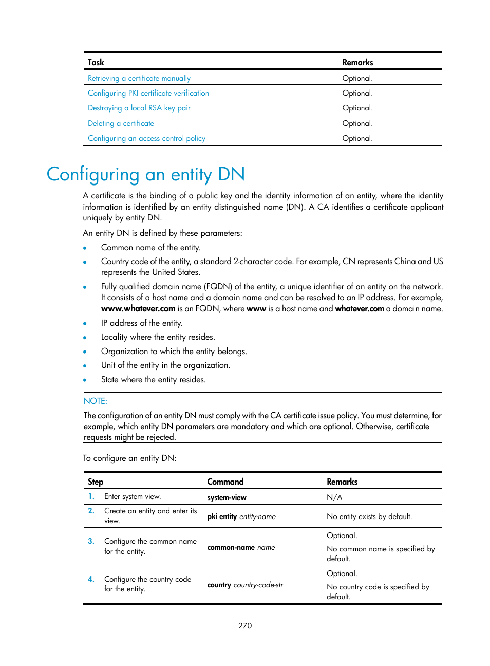 Configuring an entity dn | H3C Technologies H3C WX3000E Series Wireless Switches User Manual | Page 284 / 394