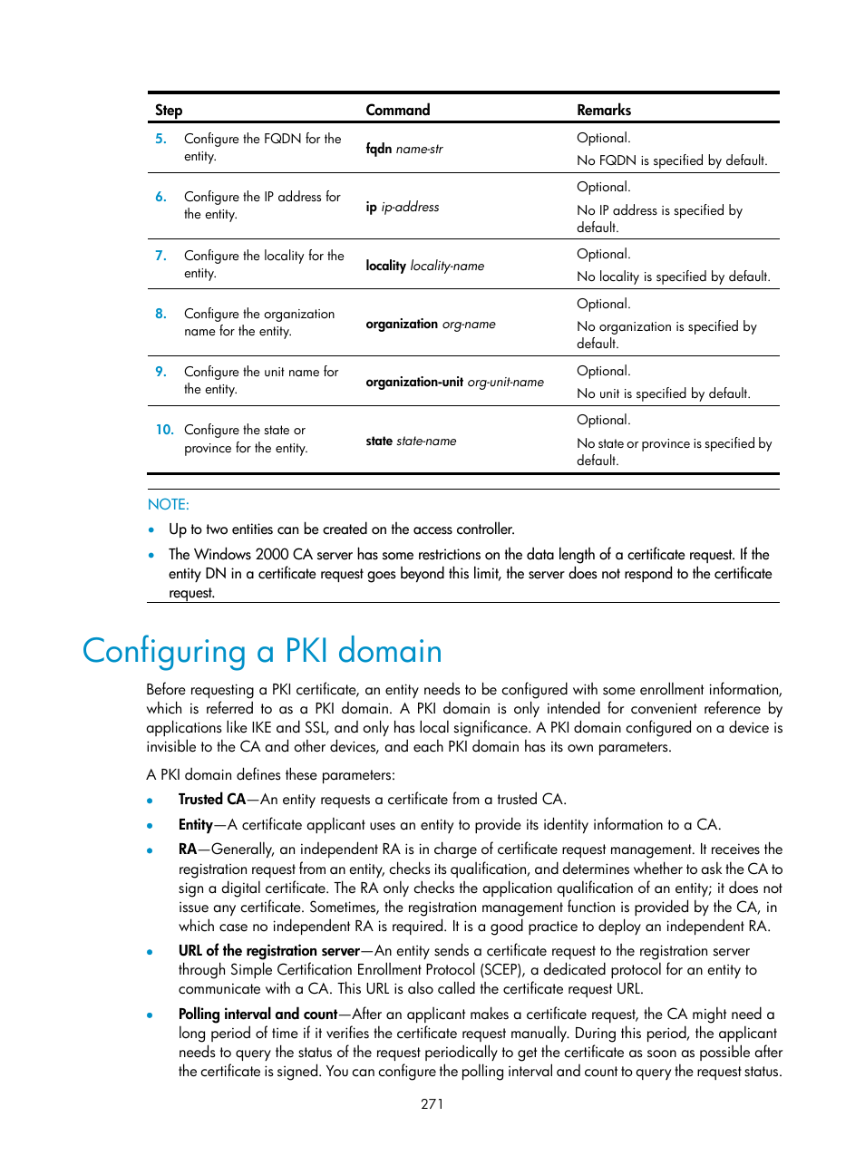 Configuring a pki domain | H3C Technologies H3C WX3000E Series Wireless Switches User Manual | Page 285 / 394