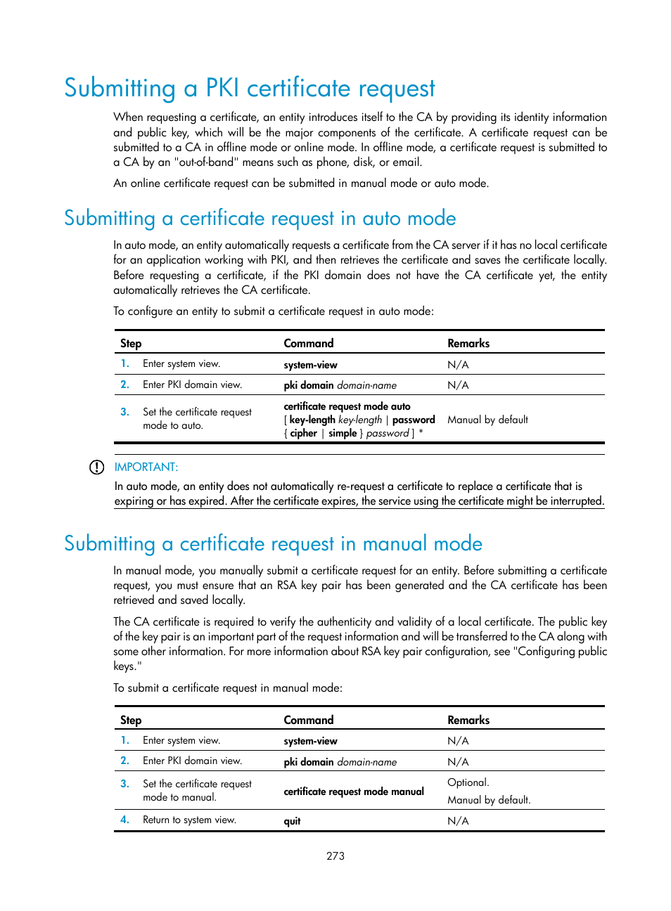 Submitting a pki certificate request, Submitting a certificate request in auto mode, Submitting a certificate request in manual mode | H3C Technologies H3C WX3000E Series Wireless Switches User Manual | Page 287 / 394