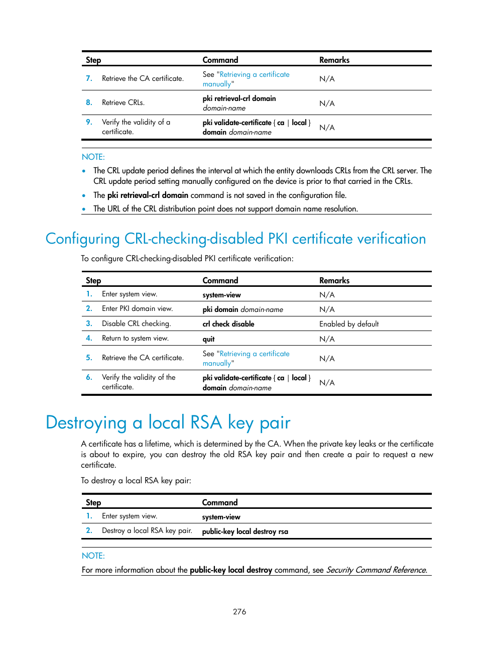Destroying a local rsa key pair | H3C Technologies H3C WX3000E Series Wireless Switches User Manual | Page 290 / 394