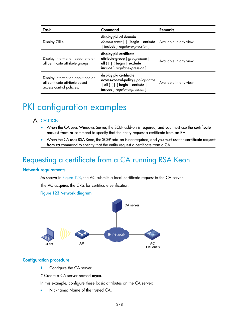 Pki configuration examples, Network requirements, Configuration procedure | H3C Technologies H3C WX3000E Series Wireless Switches User Manual | Page 292 / 394