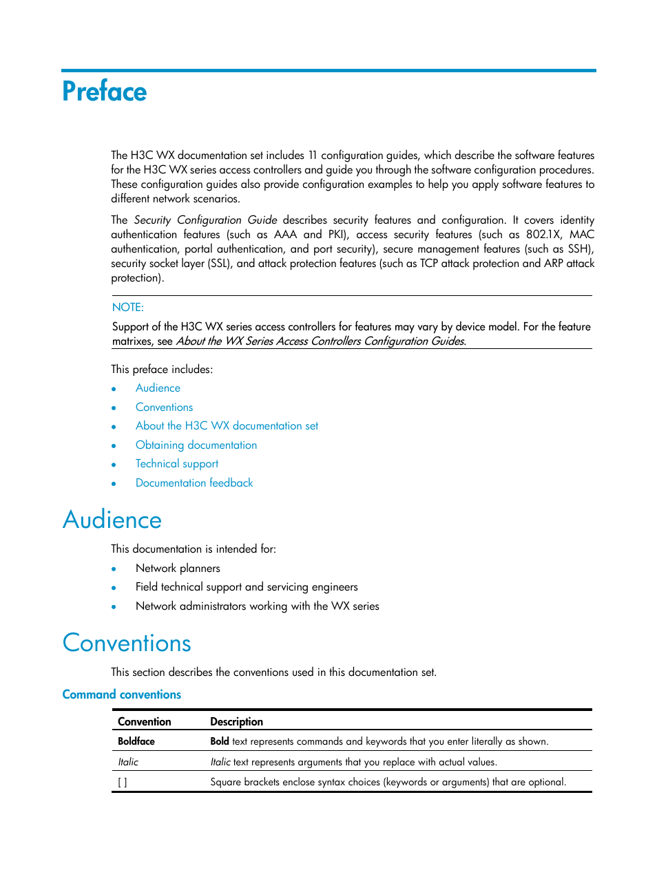Preface, Audience, Conventions | Command conventions | H3C Technologies H3C WX3000E Series Wireless Switches User Manual | Page 3 / 394