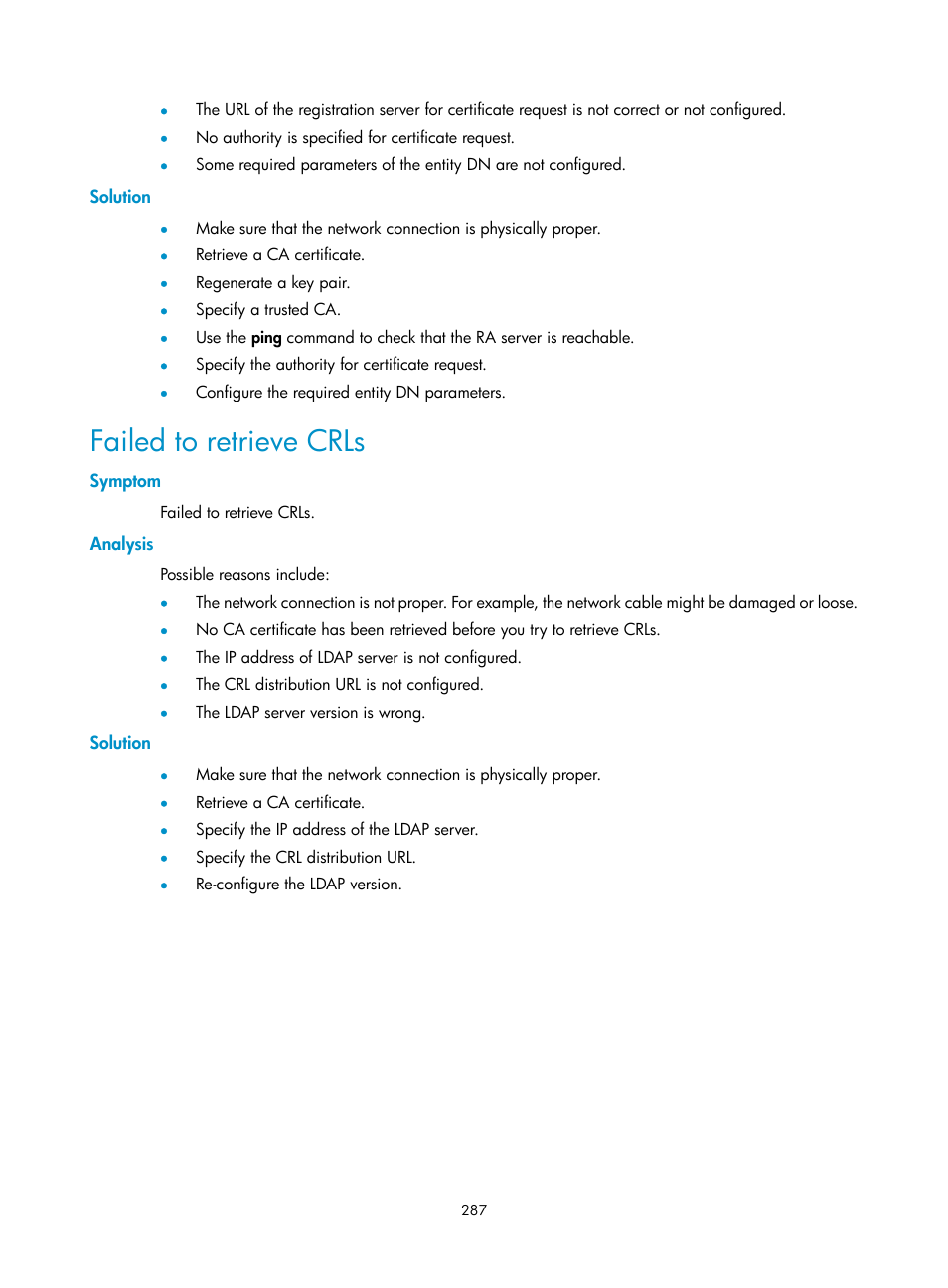 Solution, Failed to retrieve crls, Symptom | Analysis | H3C Technologies H3C WX3000E Series Wireless Switches User Manual | Page 301 / 394