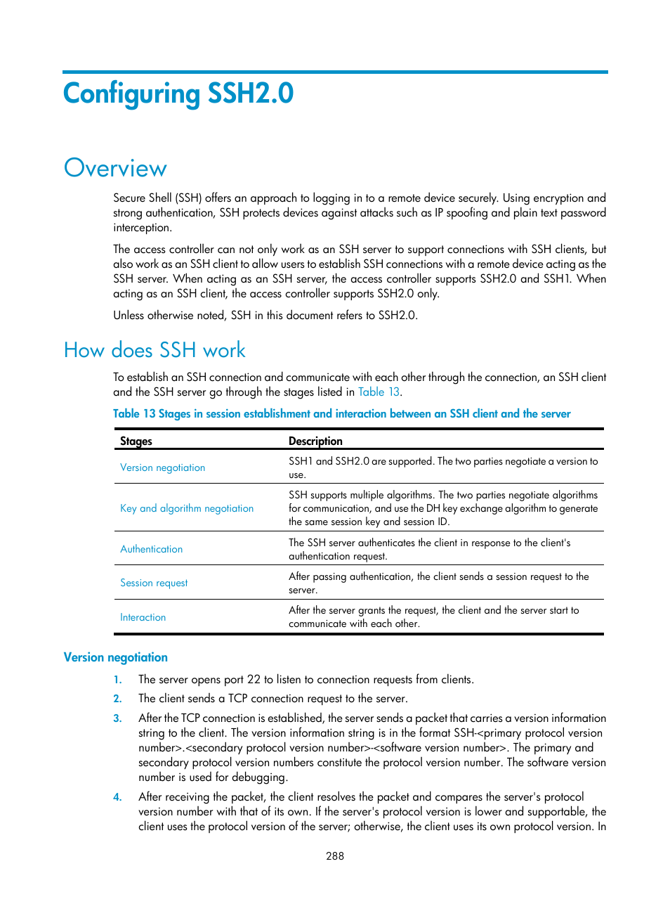 Configuring ssh2.0, Overview, How does ssh work | Version negotiation | H3C Technologies H3C WX3000E Series Wireless Switches User Manual | Page 302 / 394