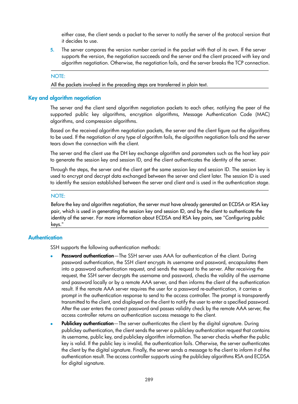 Key and algorithm negotiation, Authentication | H3C Technologies H3C WX3000E Series Wireless Switches User Manual | Page 303 / 394