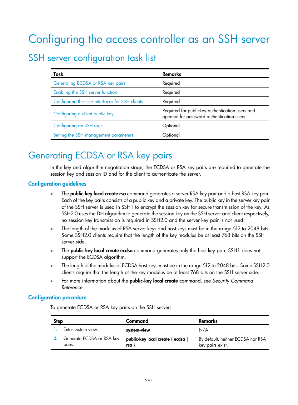 Configuring the access controller as an ssh server, Ssh server configuration task list, Generating ecdsa or rsa key pairs | Configuration guidelines, Configuration procedure | H3C Technologies H3C WX3000E Series Wireless Switches User Manual | Page 305 / 394