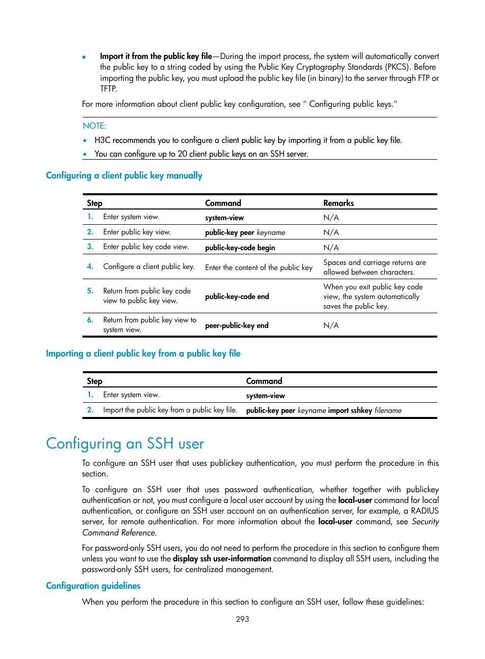 Configuring a client public key manually, Configuring an ssh user, Configuration guidelines | H3C Technologies H3C WX3000E Series Wireless Switches User Manual | Page 307 / 394