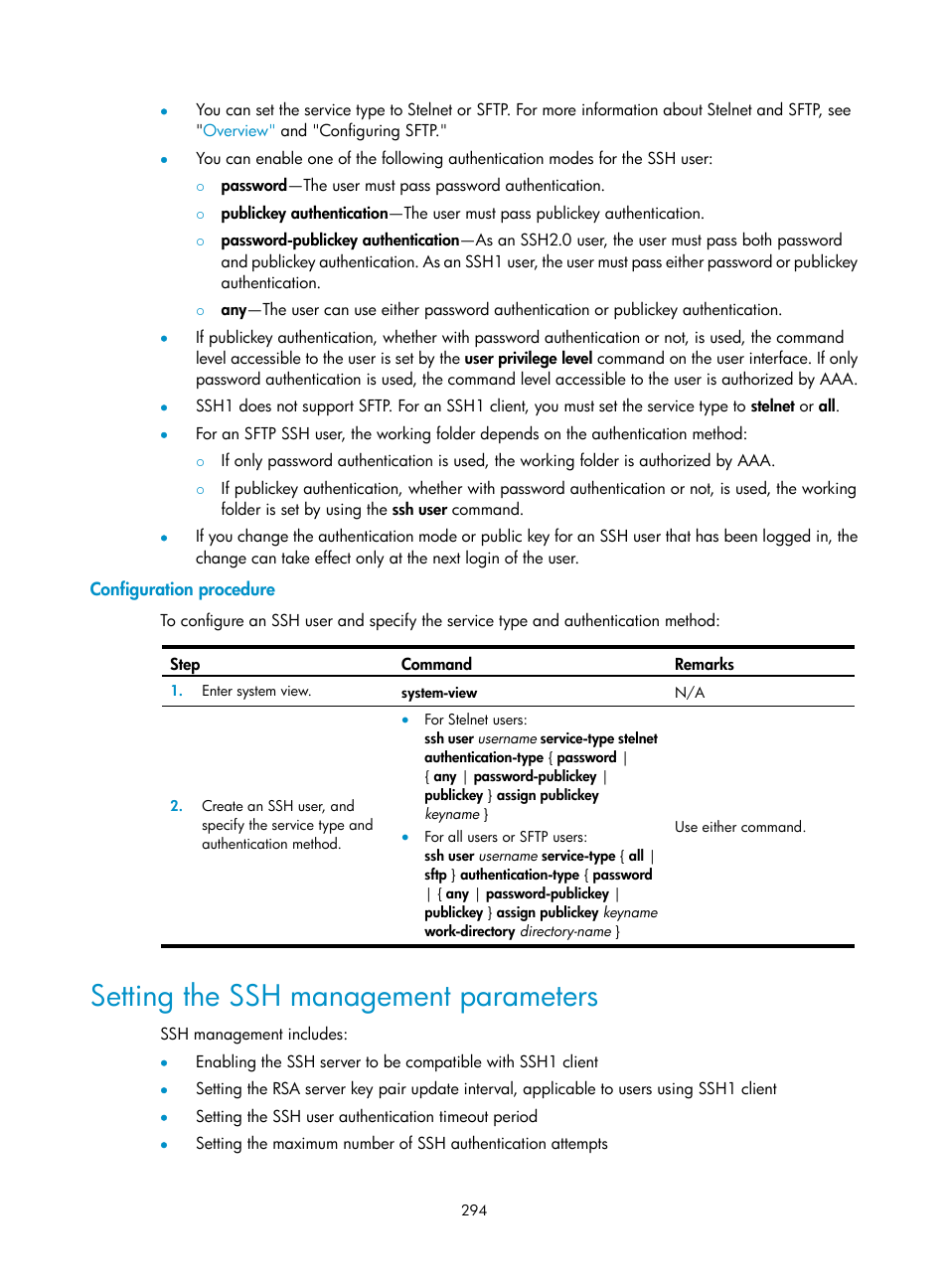 Configuration procedure, Setting the ssh management parameters | H3C Technologies H3C WX3000E Series Wireless Switches User Manual | Page 308 / 394