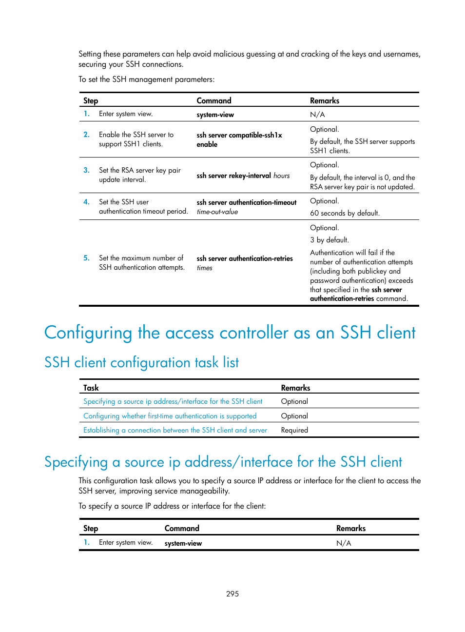 Configuring the access controller as an ssh client, Ssh client configuration task list | H3C Technologies H3C WX3000E Series Wireless Switches User Manual | Page 309 / 394