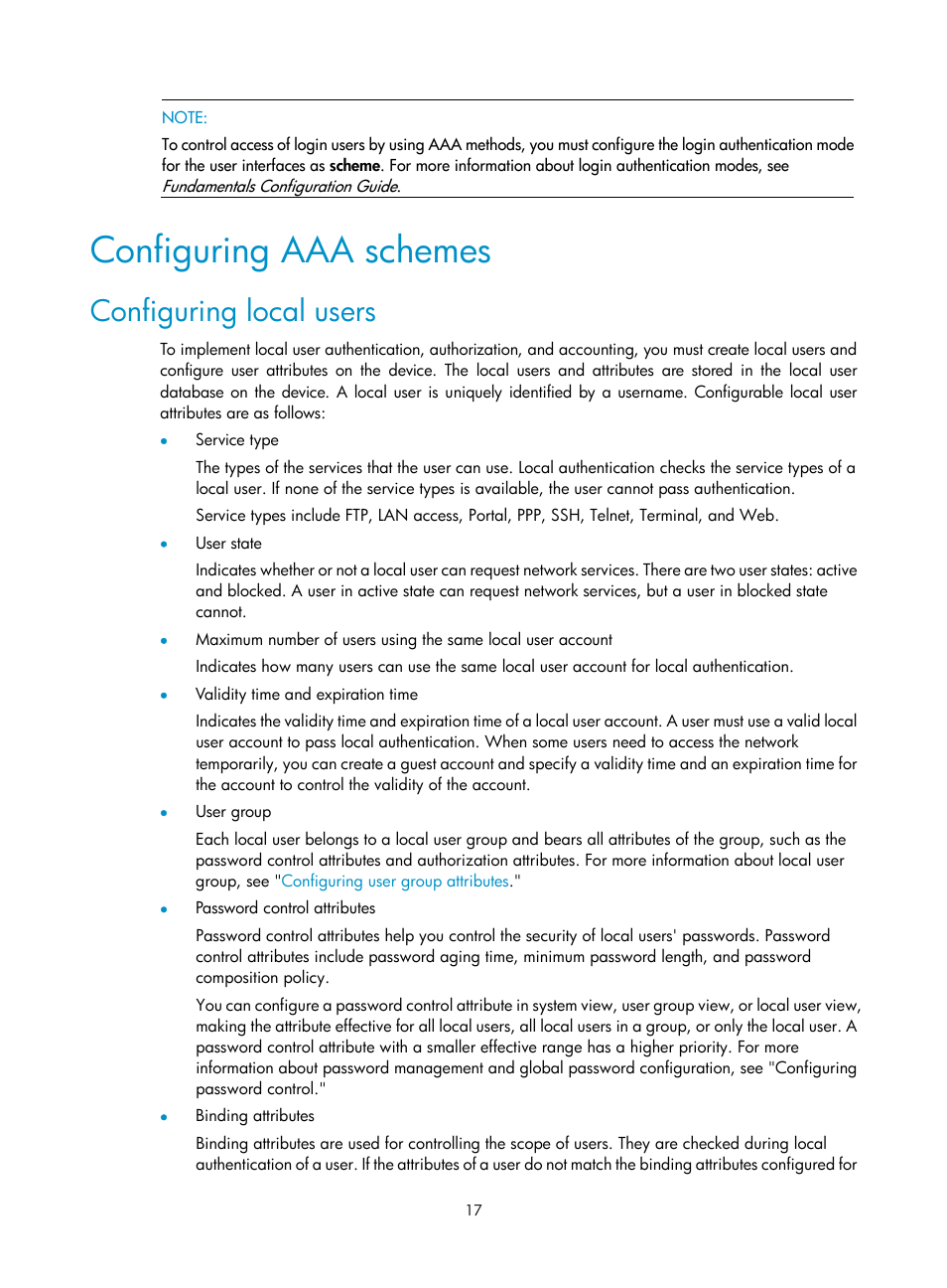 Configuring aaa schemes, Configuring local users | H3C Technologies H3C WX3000E Series Wireless Switches User Manual | Page 31 / 394