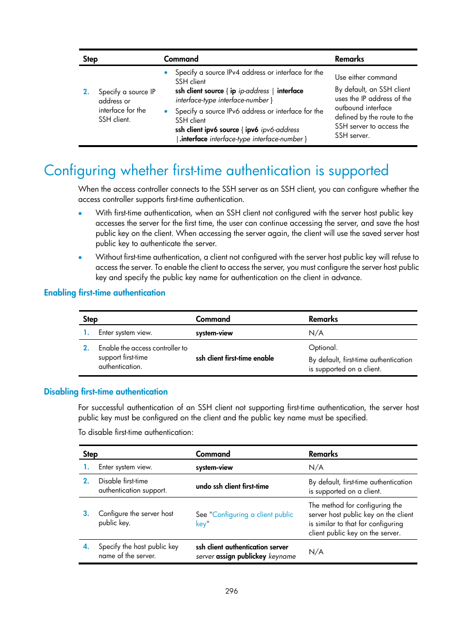 Enabling first-time authentication, Disabling first-time authentication | H3C Technologies H3C WX3000E Series Wireless Switches User Manual | Page 310 / 394