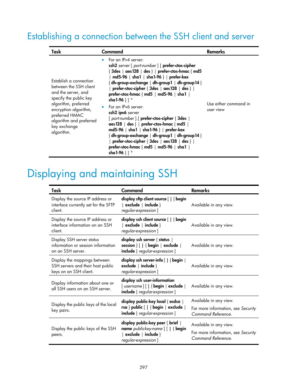 Displaying and maintaining ssh | H3C Technologies H3C WX3000E Series Wireless Switches User Manual | Page 311 / 394