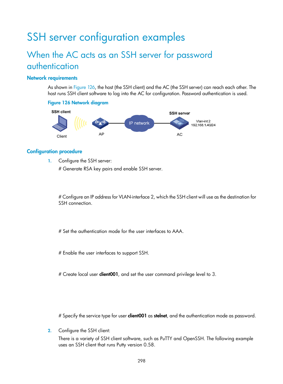 Ssh server configuration examples, Network requirements, Configuration procedure | H3C Technologies H3C WX3000E Series Wireless Switches User Manual | Page 312 / 394