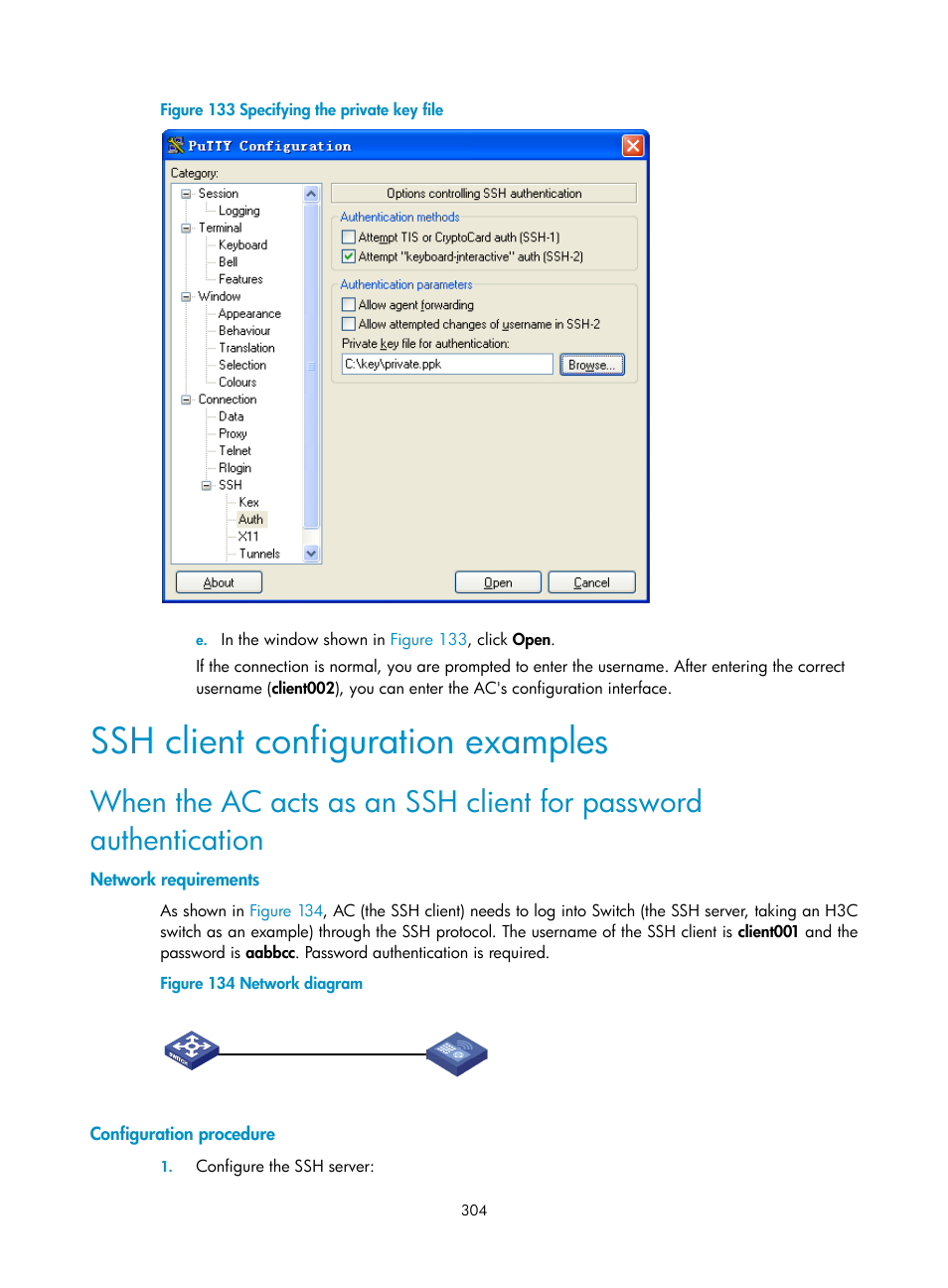 Ssh client configuration examples, Network requirements, Configuration procedure | H3C Technologies H3C WX3000E Series Wireless Switches User Manual | Page 318 / 394
