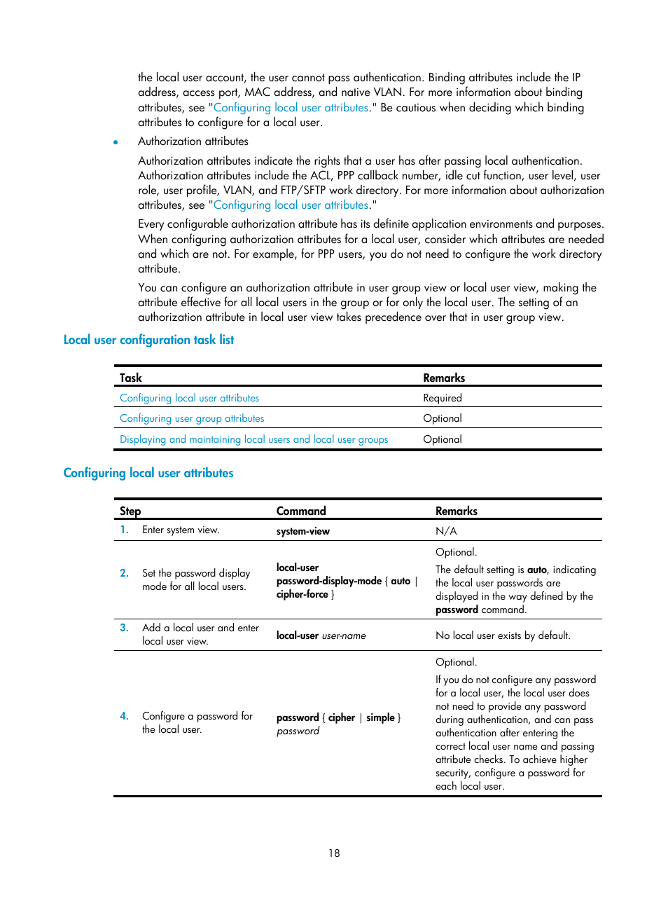 Local user configuration task list, Configuring local user attributes | H3C Technologies H3C WX3000E Series Wireless Switches User Manual | Page 32 / 394