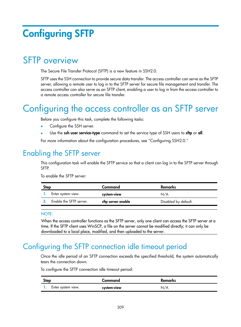Configuring sftp, Sftp overview, Enabling the sftp server | H3C Technologies H3C WX3000E Series Wireless Switches User Manual | Page 323 / 394