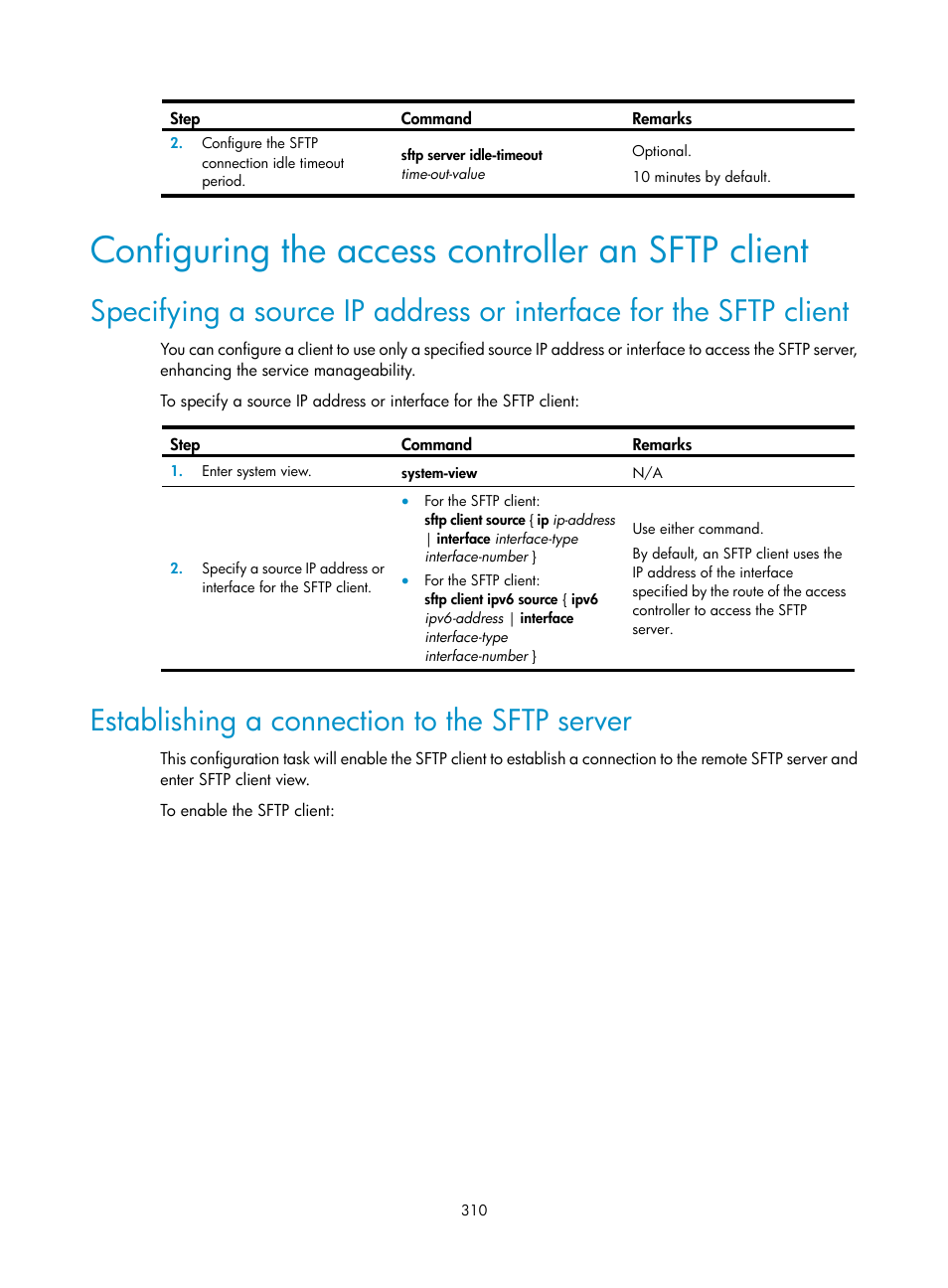 Configuring the access controller an sftp client, Establishing a connection to the sftp server | H3C Technologies H3C WX3000E Series Wireless Switches User Manual | Page 324 / 394
