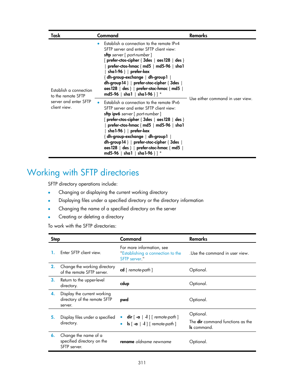 Working with sftp directories | H3C Technologies H3C WX3000E Series Wireless Switches User Manual | Page 325 / 394