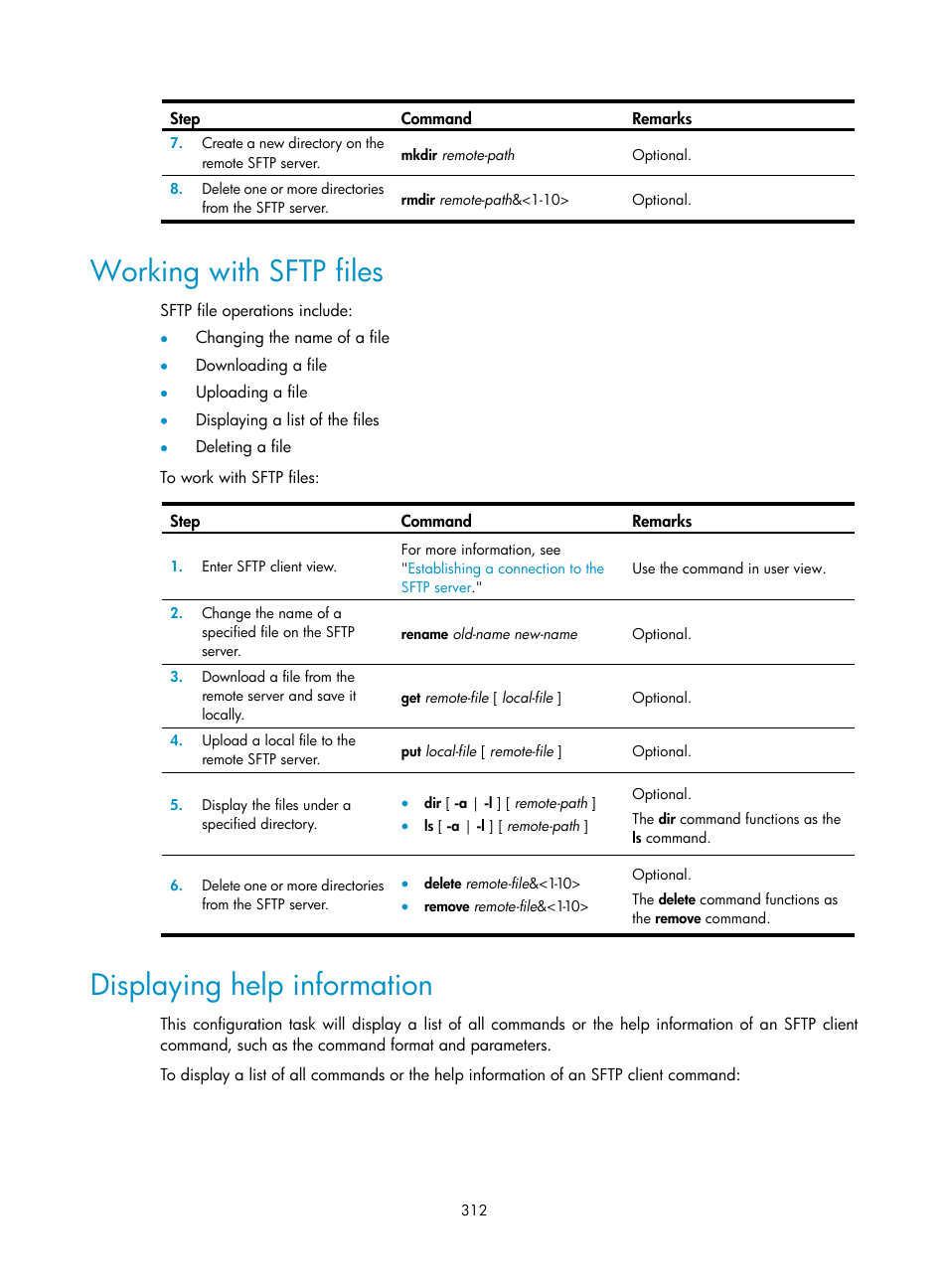 Working with sftp files, Displaying help information | H3C Technologies H3C WX3000E Series Wireless Switches User Manual | Page 326 / 394