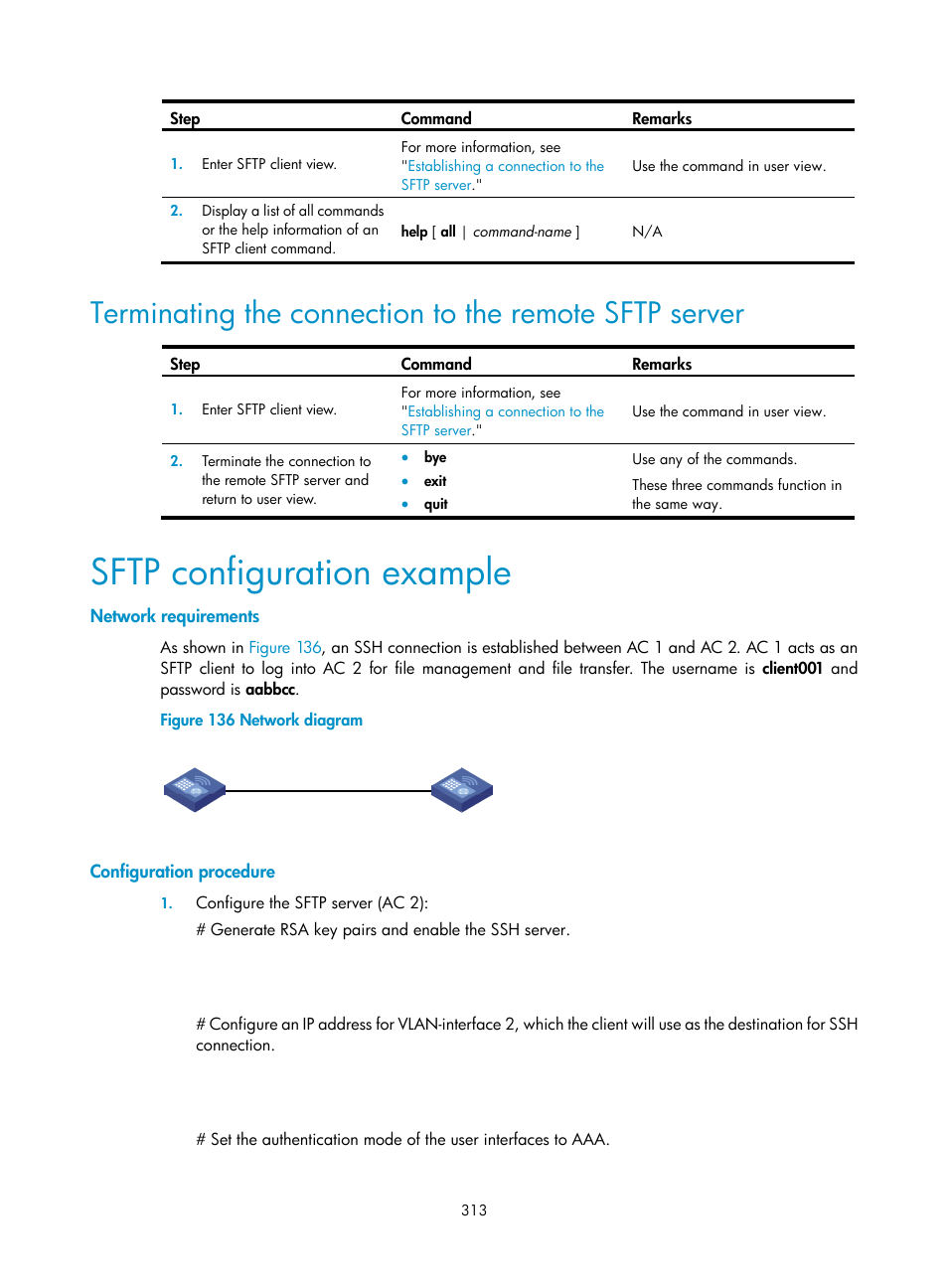 Sftp configuration example, Network requirements, Configuration procedure | H3C Technologies H3C WX3000E Series Wireless Switches User Manual | Page 327 / 394
