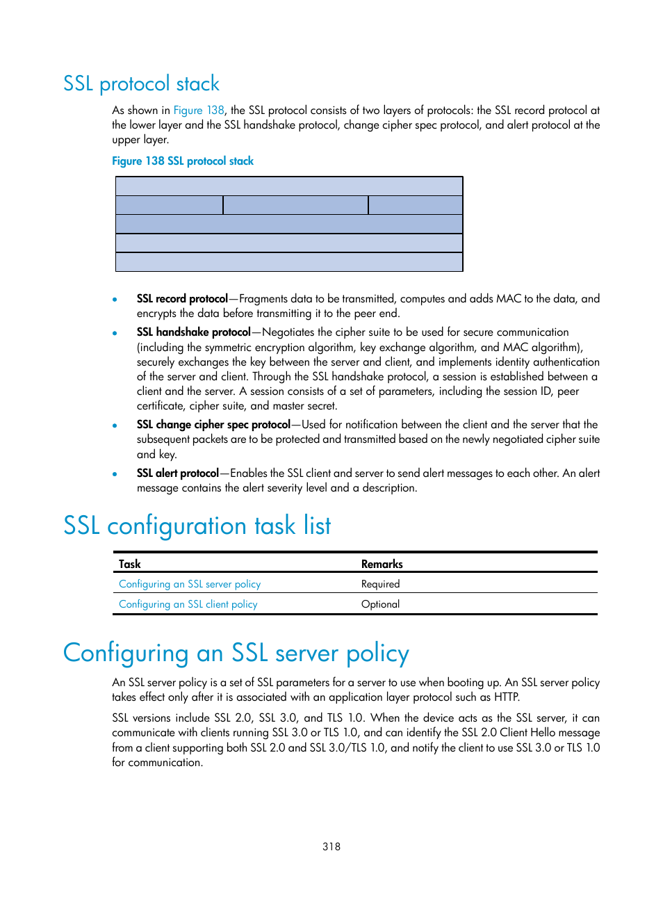 Ssl protocol stack, Ssl configuration task list, Configuring an ssl server policy | H3C Technologies H3C WX3000E Series Wireless Switches User Manual | Page 332 / 394