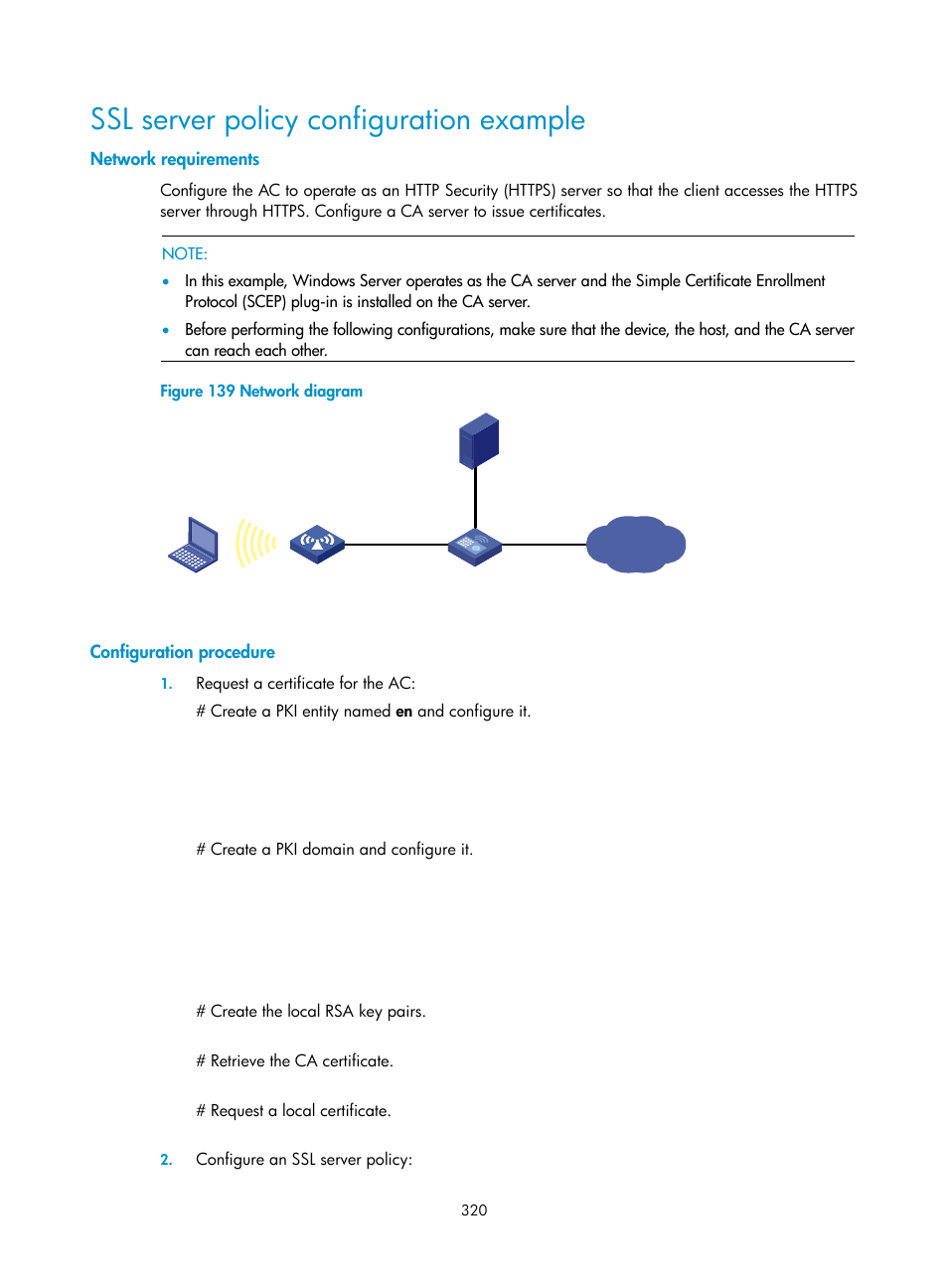 Ssl server policy configuration example, Network requirements, Configuration procedure | H3C Technologies H3C WX3000E Series Wireless Switches User Manual | Page 334 / 394