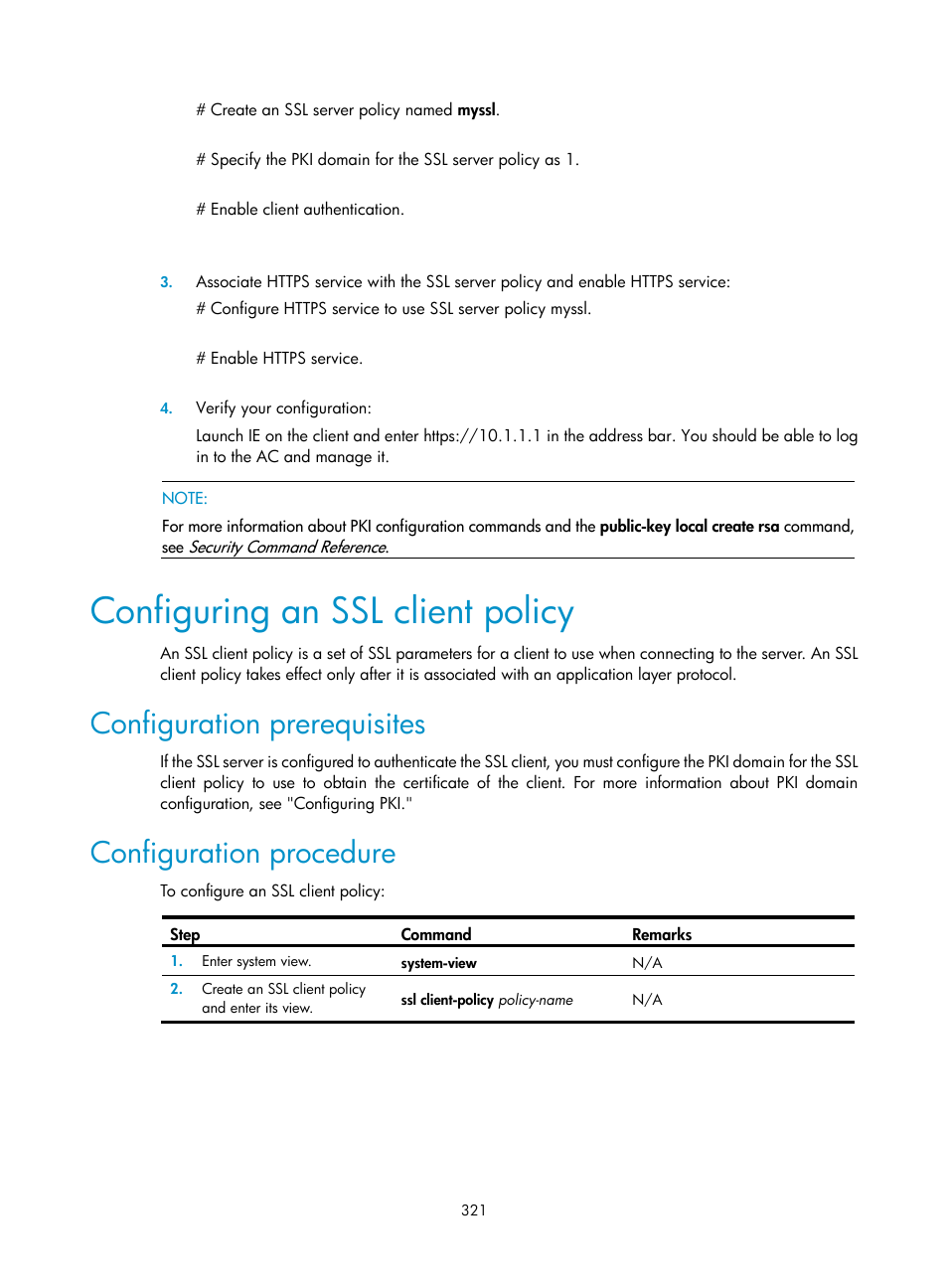 Configuring an ssl client policy, Configuration prerequisites, Configuration procedure | H3C Technologies H3C WX3000E Series Wireless Switches User Manual | Page 335 / 394