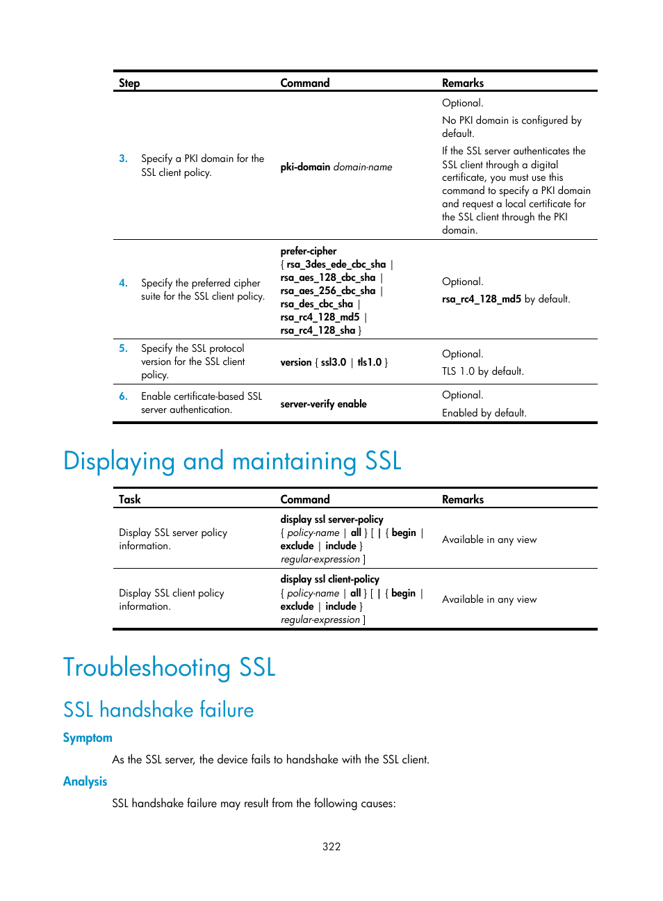 Displaying and maintaining ssl, Troubleshooting ssl, Ssl handshake failure | Symptom, Analysis | H3C Technologies H3C WX3000E Series Wireless Switches User Manual | Page 336 / 394