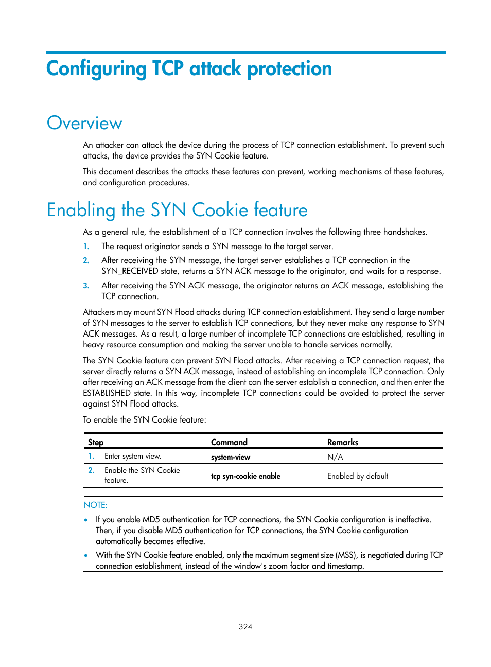 Configuring tcp attack protection, Overview, Enabling the syn cookie feature | H3C Technologies H3C WX3000E Series Wireless Switches User Manual | Page 338 / 394