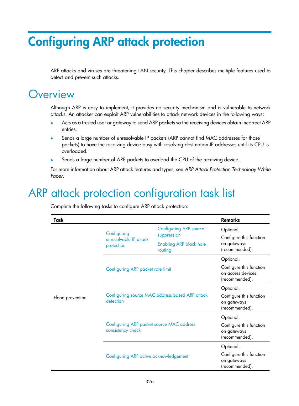 Configuring arp attack protection, Overview, Arp attack protection configuration task list | H3C Technologies H3C WX3000E Series Wireless Switches User Manual | Page 340 / 394