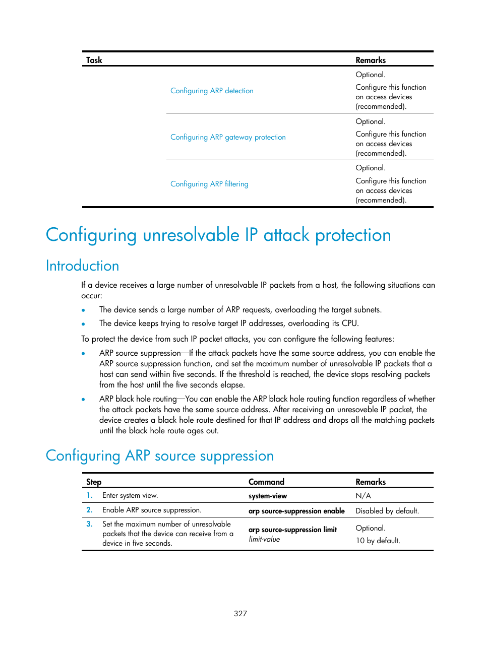 Configuring unresolvable ip attack protection, Introduction, Configuring arp source suppression | Configuring unresolvable ip attack, Protection | H3C Technologies H3C WX3000E Series Wireless Switches User Manual | Page 341 / 394