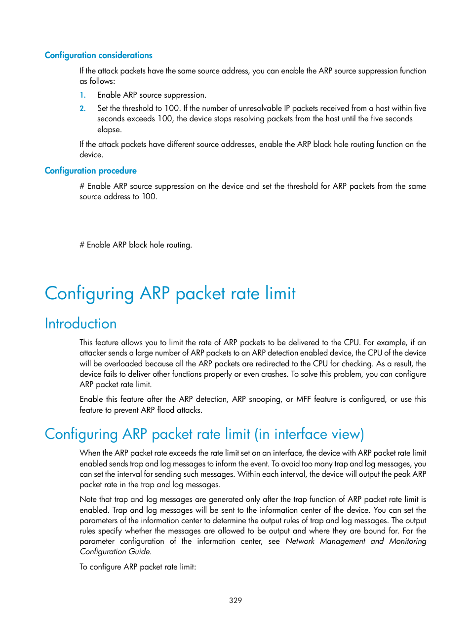 Configuration considerations, Configuration procedure, Configuring arp packet rate limit | Introduction | H3C Technologies H3C WX3000E Series Wireless Switches User Manual | Page 343 / 394