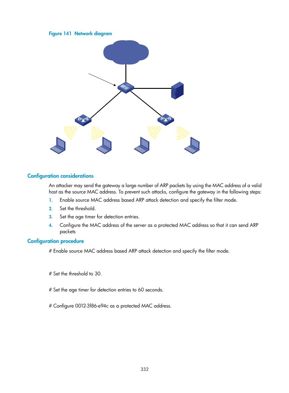 Configuration considerations, Configuration procedure | H3C Technologies H3C WX3000E Series Wireless Switches User Manual | Page 346 / 394