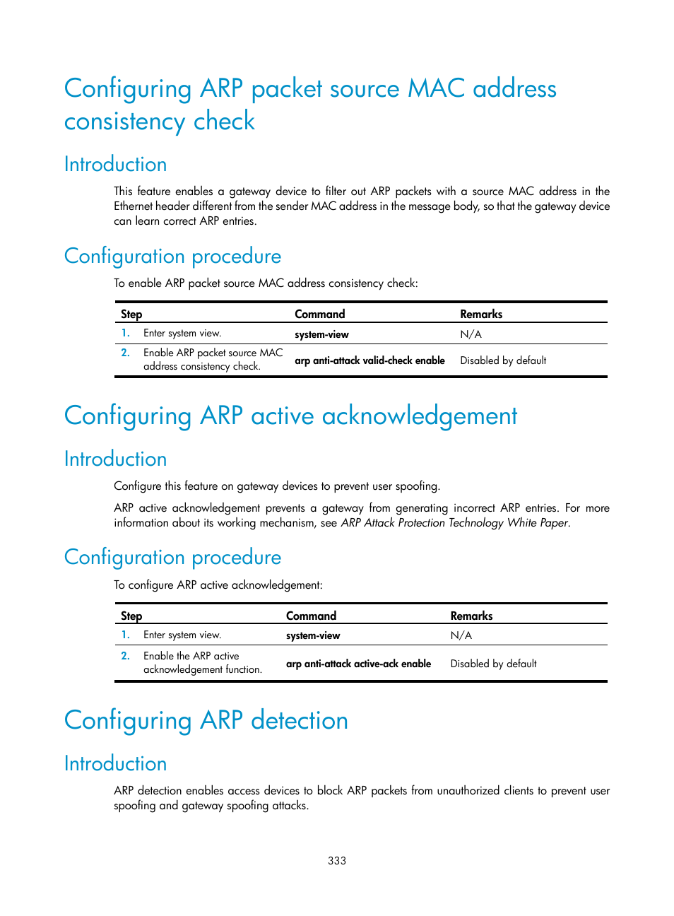 Introduction, Configuration procedure, Configuring arp active acknowledgement | Configuring arp detection | H3C Technologies H3C WX3000E Series Wireless Switches User Manual | Page 347 / 394